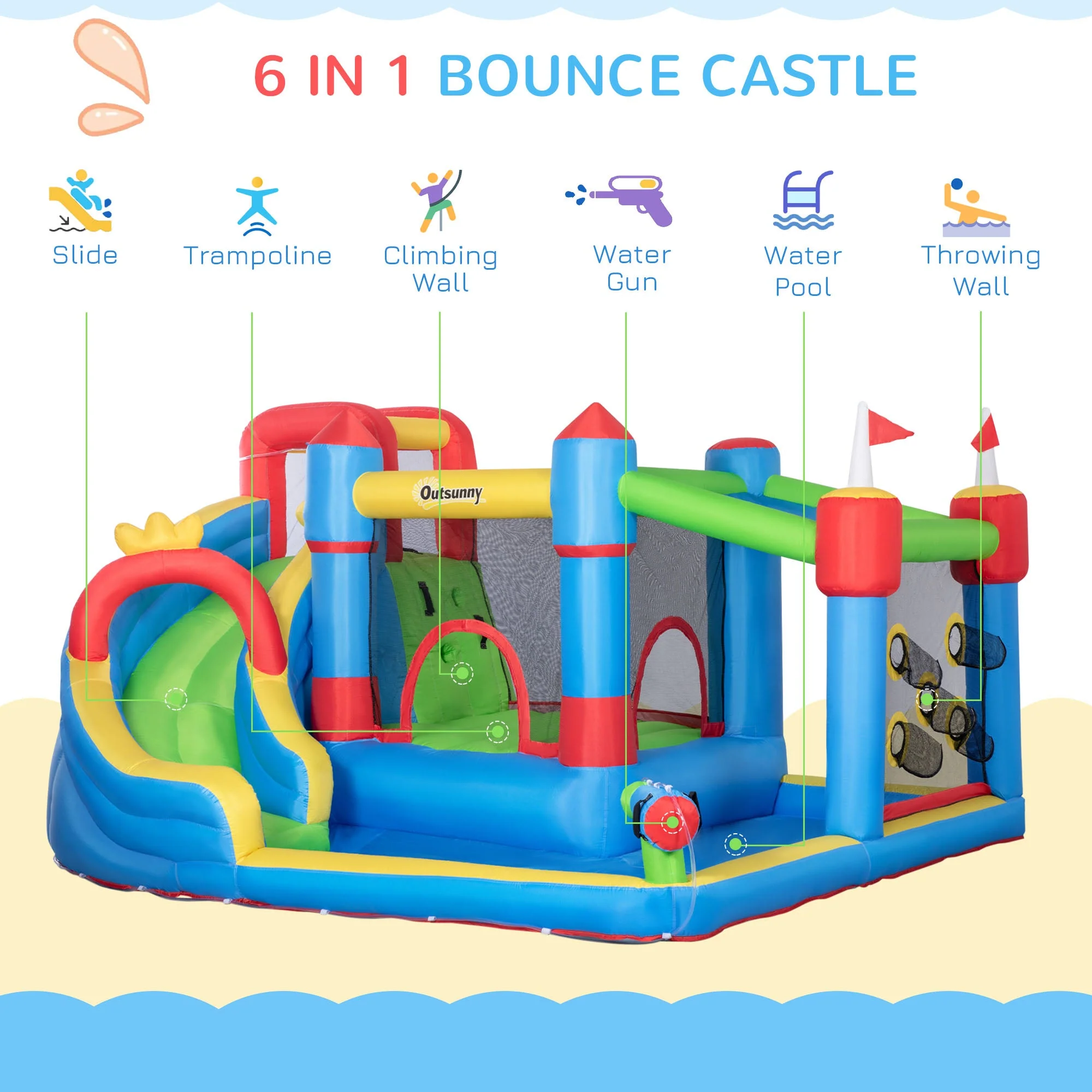 Outsunny 5 in 1 Kids Bounce Castle Large Castle Style Inflatable House Slide Trampoline Pool Water Gun Climbing Wall with Inflator Carrybag Patches for Kids Age 3-8 - Image 3