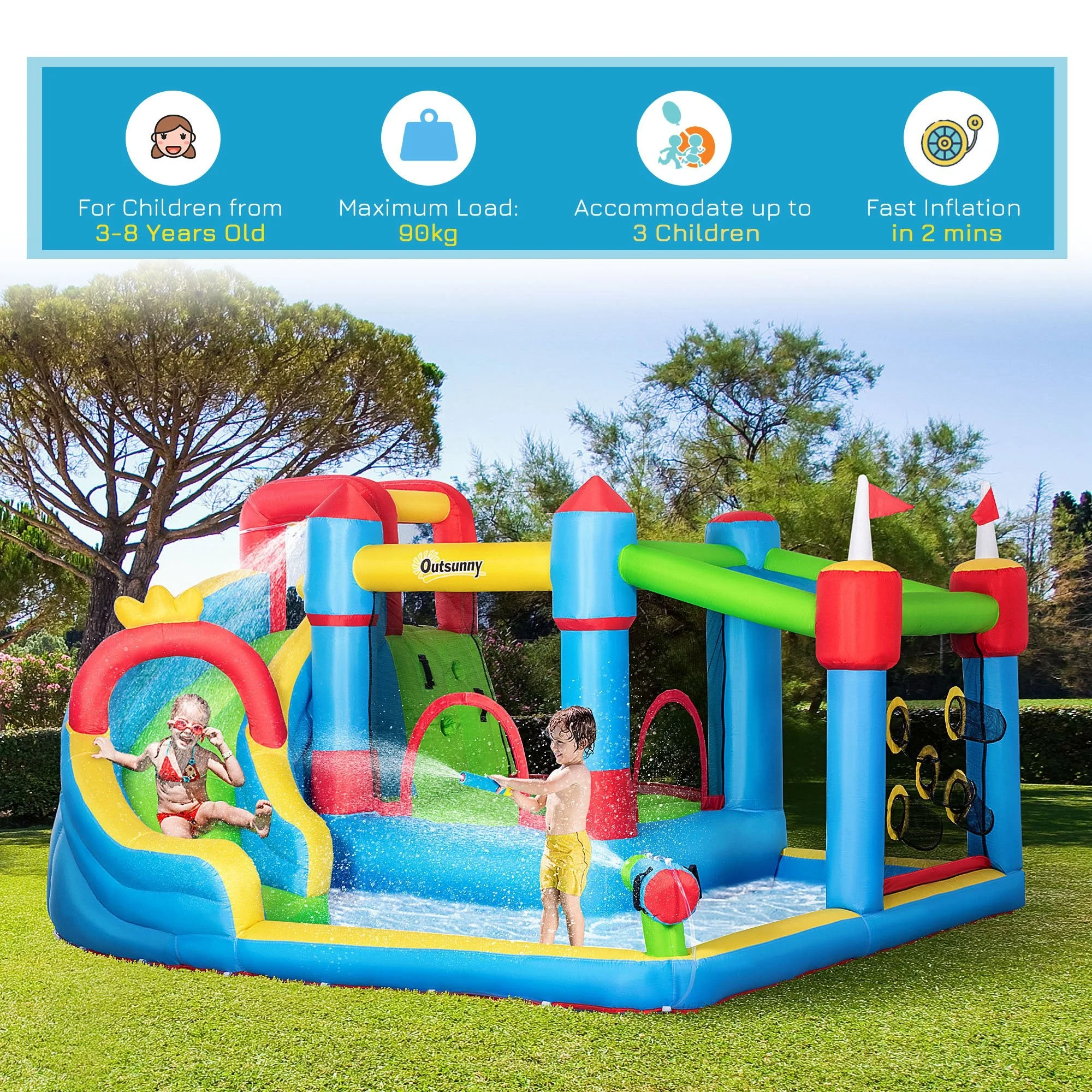 Outsunny 5 in 1 Kids Bounce Castle Large Castle Style Inflatable House Slide Trampoline Pool Water Gun Climbing Wall with Inflator Carrybag Patches for Kids Age 3-8 - Image 4