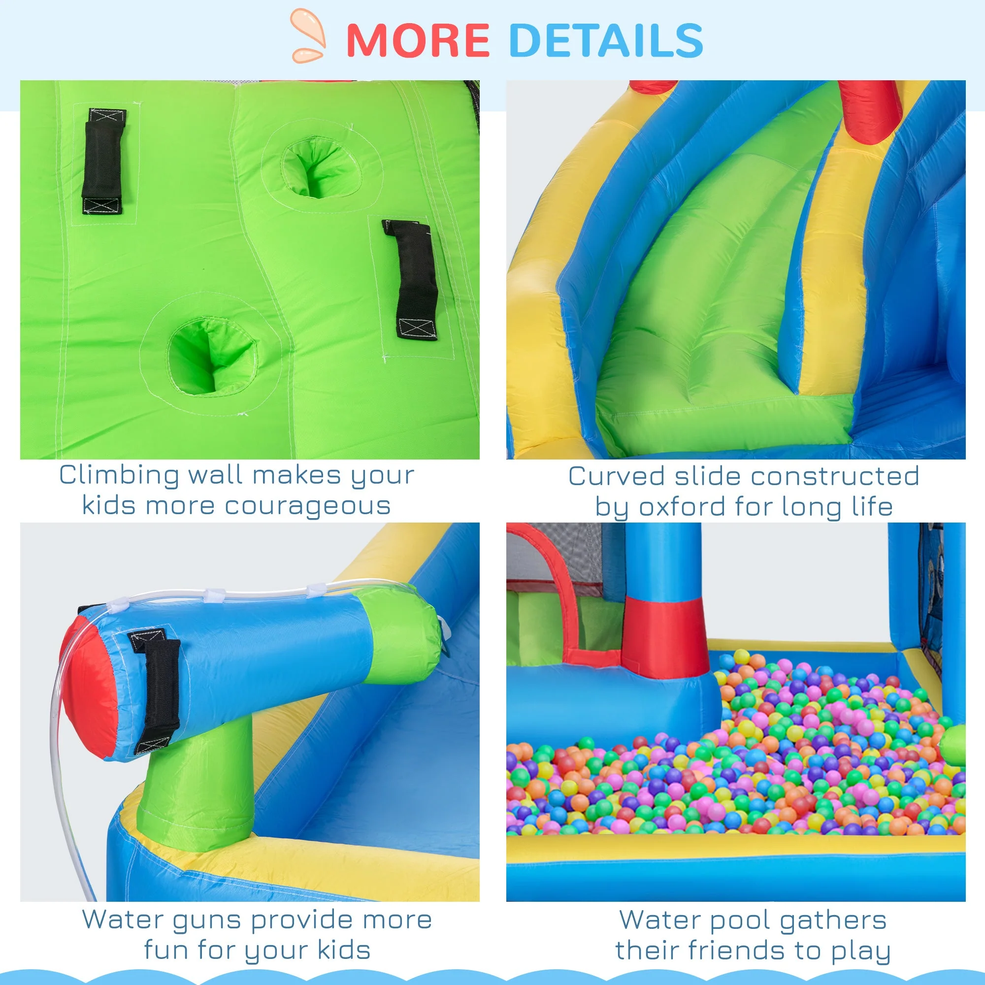 Outsunny 5 in 1 Kids Bounce Castle Large Castle Style Inflatable House Slide Trampoline Pool Water Gun Climbing Wall with Inflator Carrybag Patches for Kids Age 3-8 - Image 5
