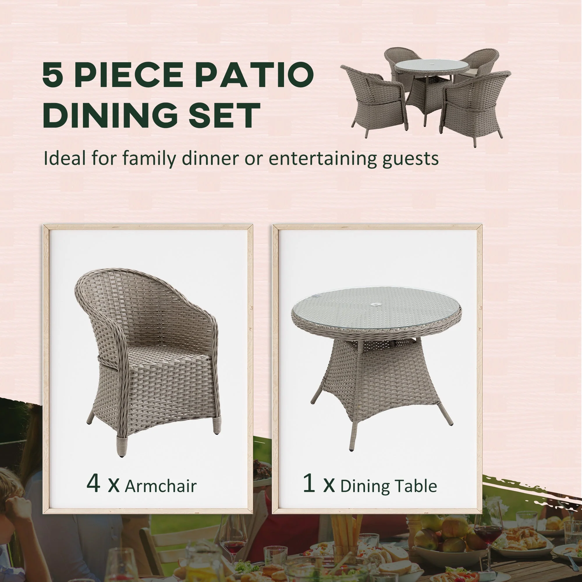 Outsunny 5 Pieces Luxury PE Rattan Dining Sets with Cushion - Image 4