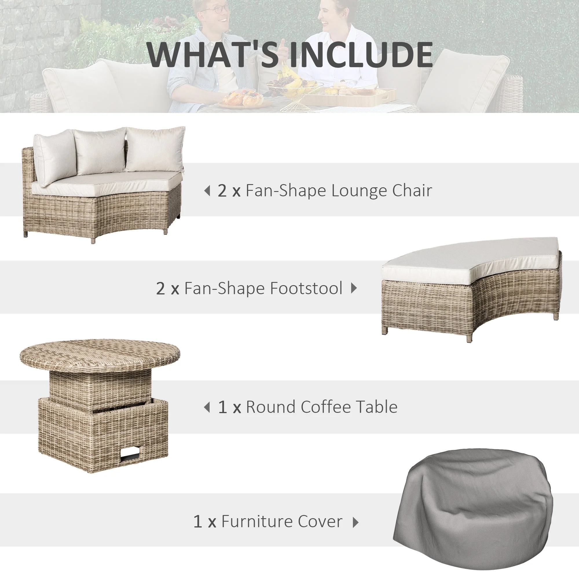 Outsunny 5 Pieces Outdoor PE Rattan Round Garden Daybed with Cushions - Image 4
