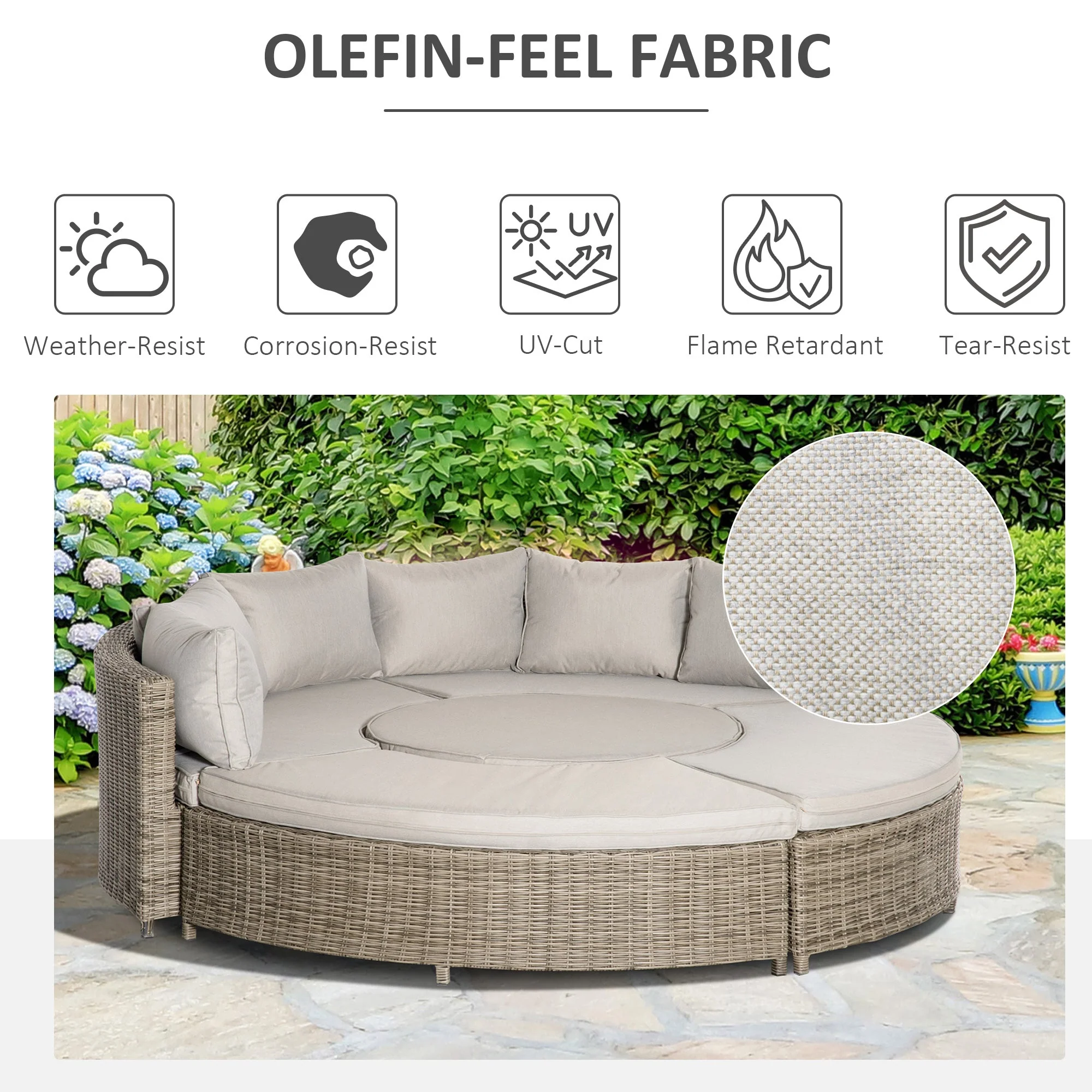 Outsunny 5 Pieces Outdoor PE Rattan Round Garden Daybed with Cushions - Image 7