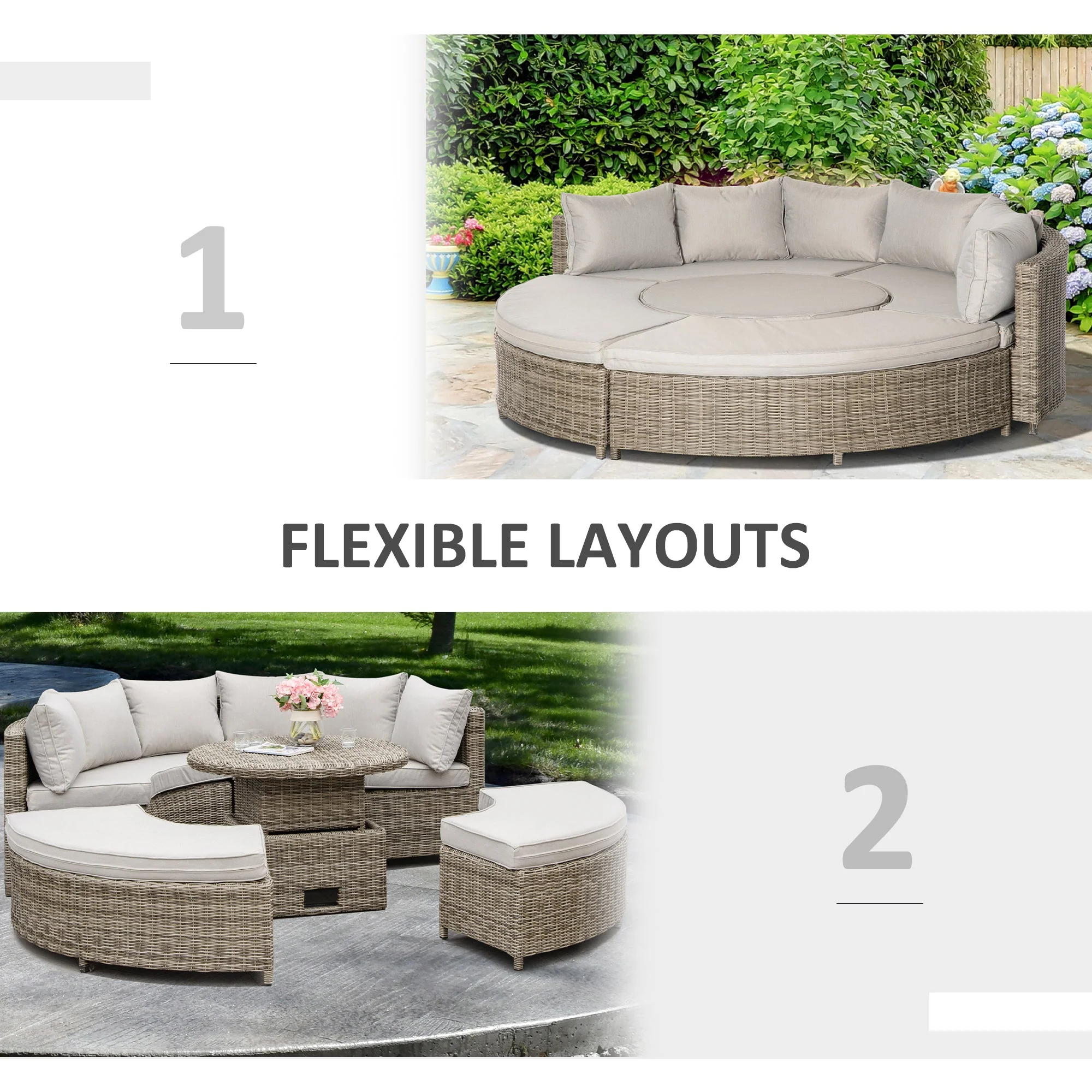 Outsunny 5 Pieces Outdoor PE Rattan Round Garden Daybed with Cushions - Image 8