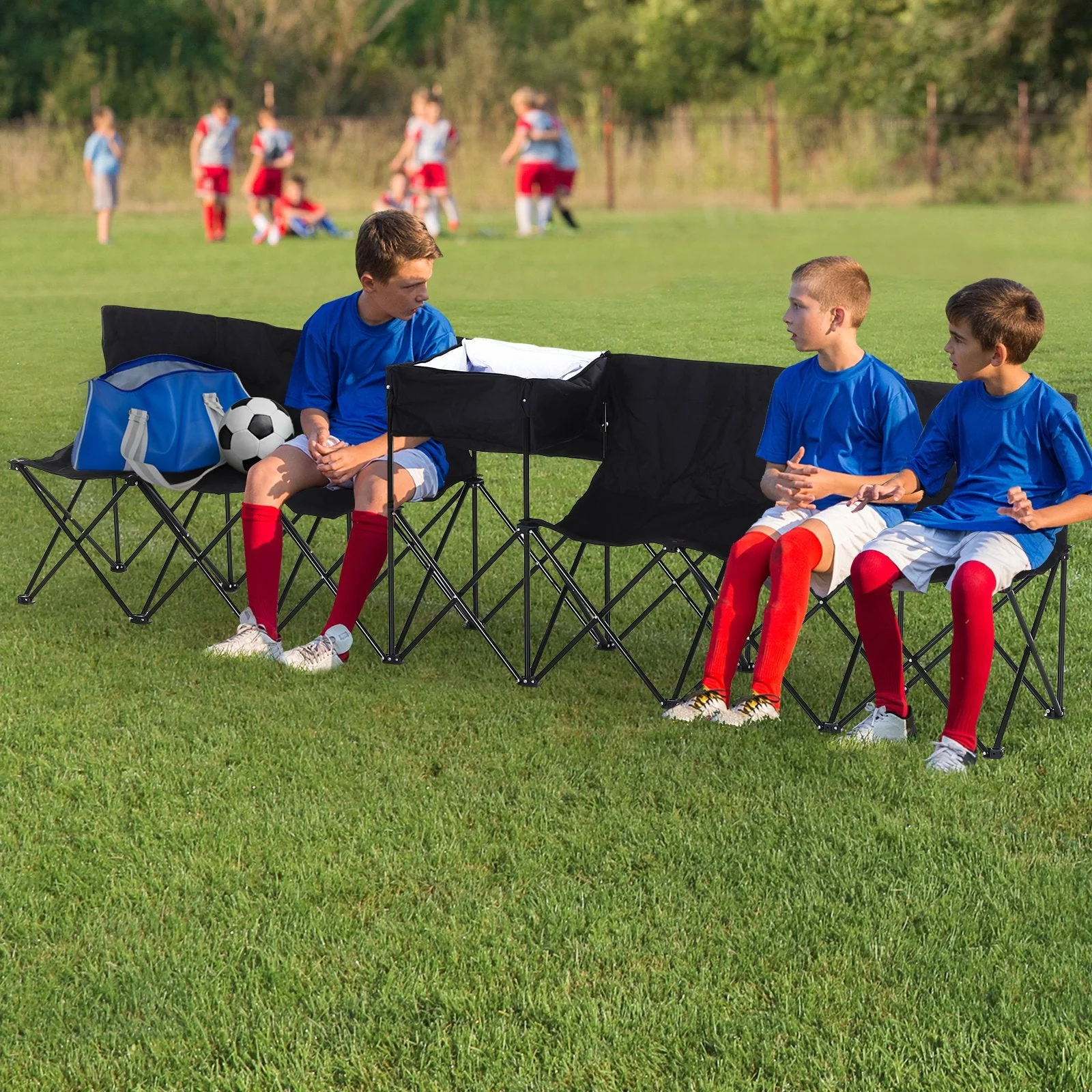 Outsunny 6-Seater Folding Steel Camping Bench With Cooler Bag Black - Image 2