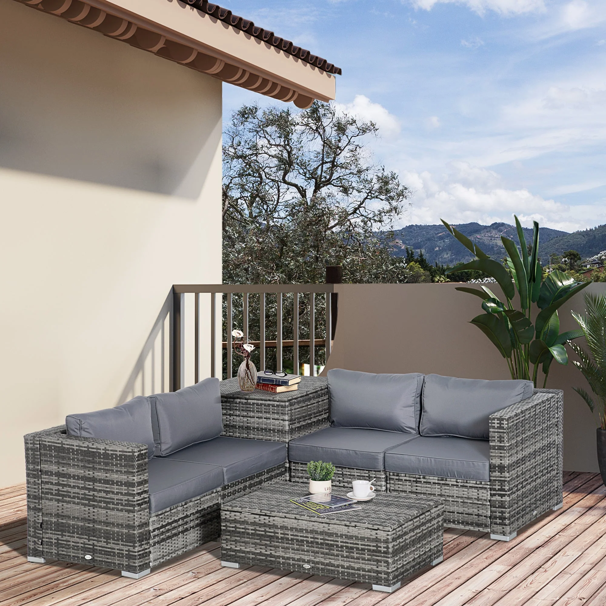 Outsunny 6Pc Rattan Corner Sofa Set Wicker 4 Seater Garden Storage Coffee Table Conversation Ottoman Outdoor Weave Furniture W/ Cushion Grey - Image 2
