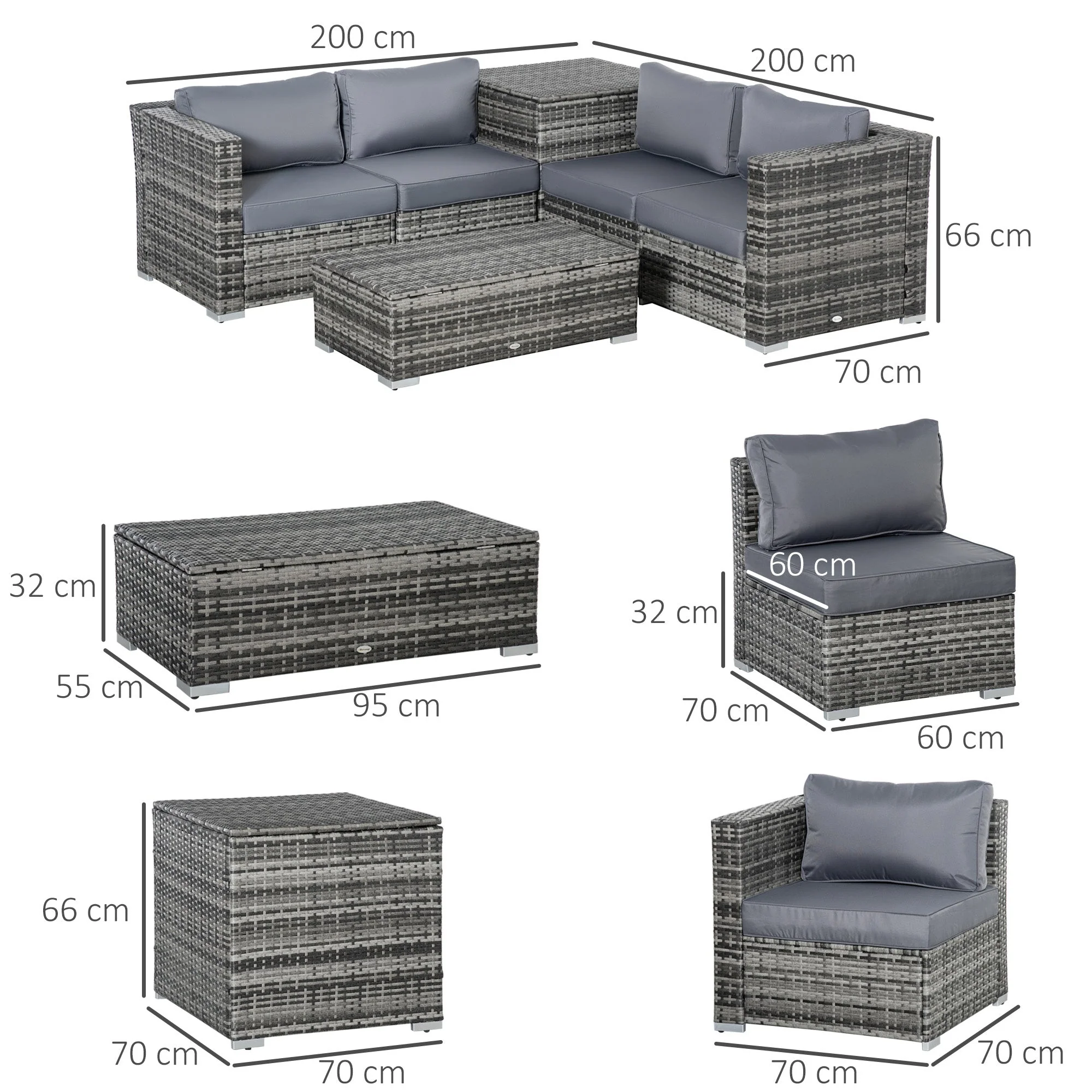 Outsunny 6Pc Rattan Corner Sofa Set Wicker 4 Seater Garden Storage Coffee Table Conversation Ottoman Outdoor Weave Furniture W/ Cushion Grey - Image 3