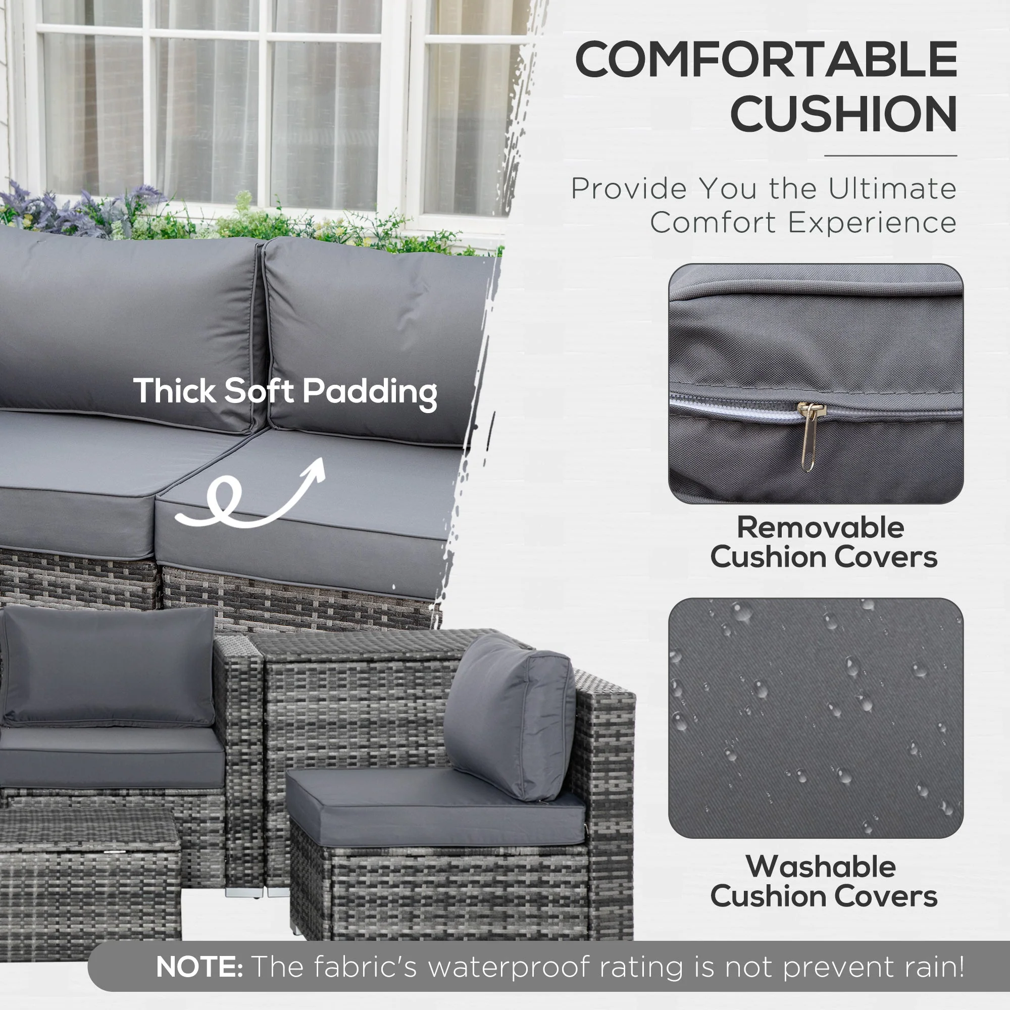 Outsunny 6Pc Rattan Corner Sofa Set Wicker 4 Seater Garden Storage Coffee Table Conversation Ottoman Outdoor Weave Furniture W/ Cushion Grey - Image 5