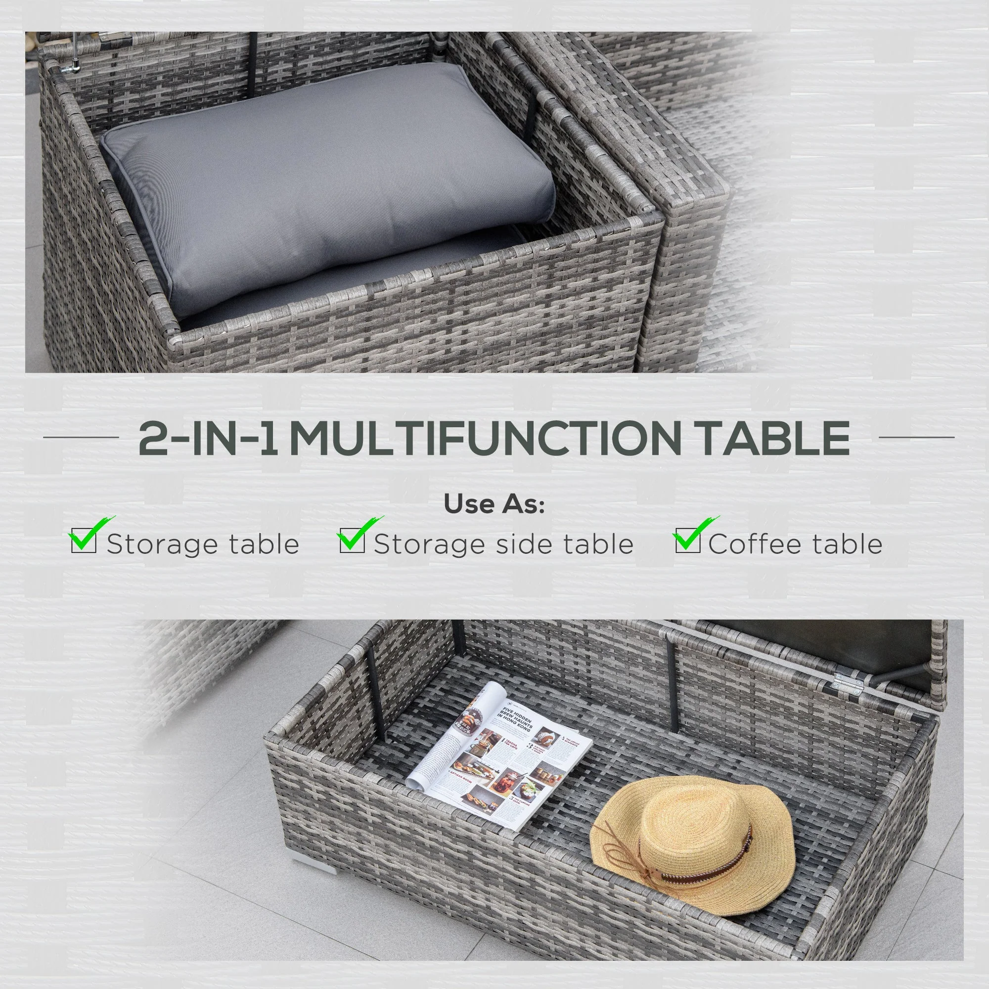 Outsunny 6Pc Rattan Corner Sofa Set Wicker 4 Seater Garden Storage Coffee Table Conversation Ottoman Outdoor Weave Furniture W/ Cushion Grey - Image 6