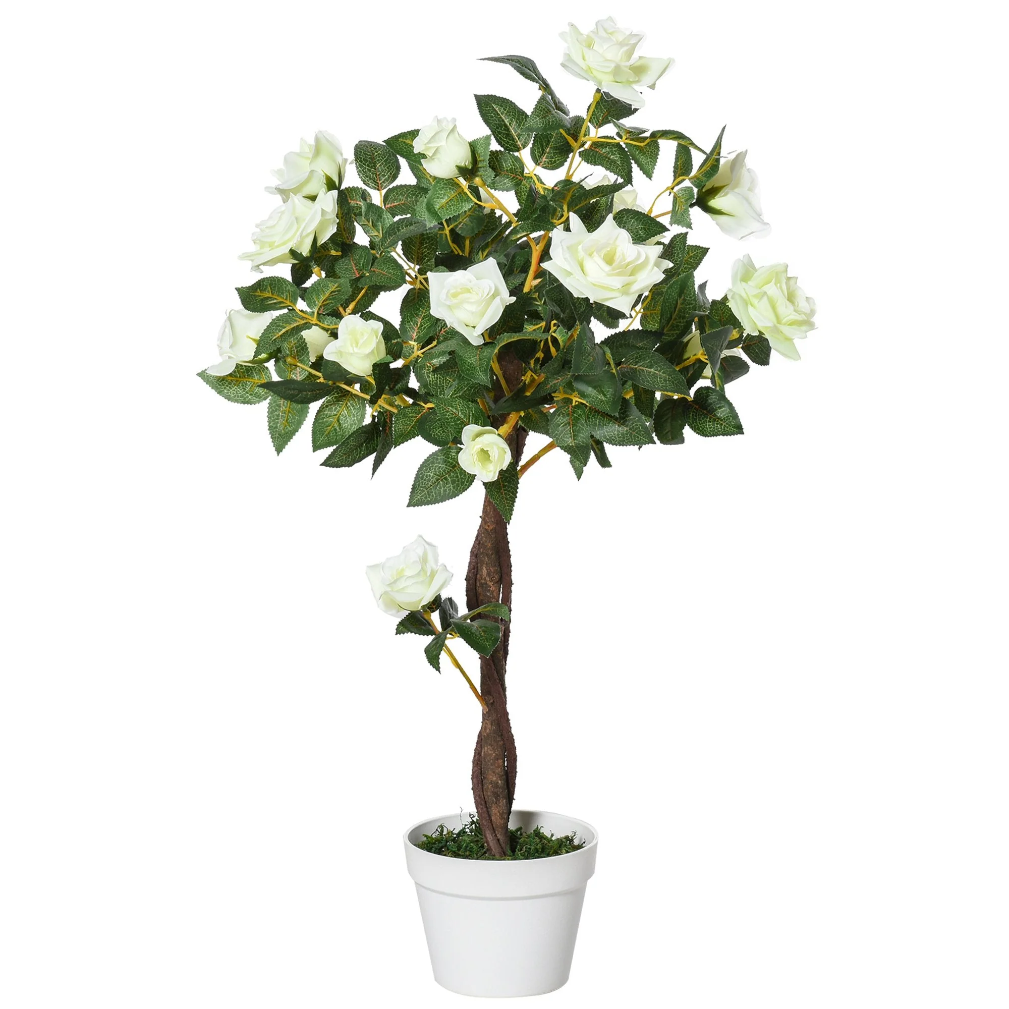 Outsunny 90cm/3Ft Artificial Rose Tree Fake Decorative Plant W/ 21 Flowers Pot Indoor Outdoor Faux Decoration Home Office Dcor White & Green - Image 2