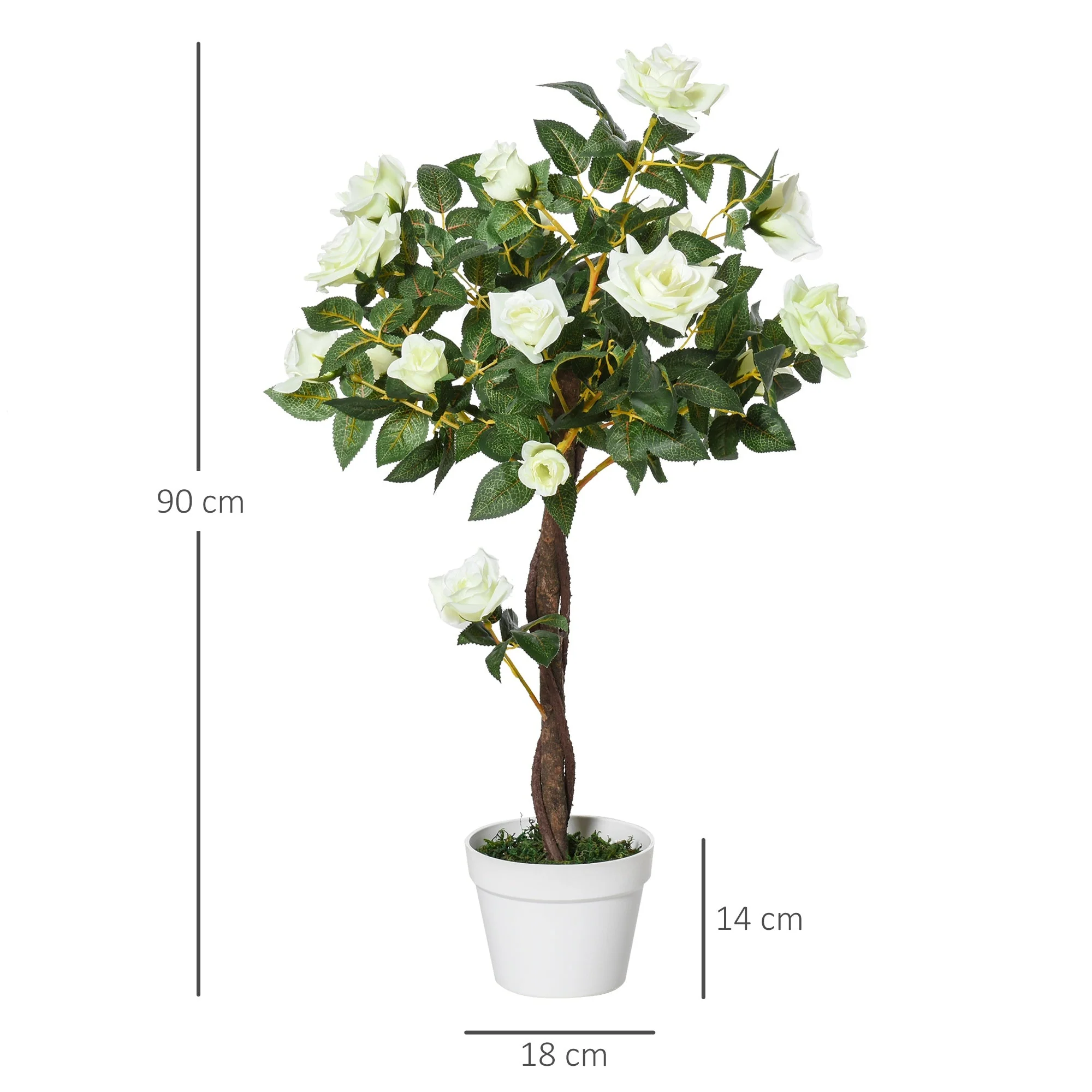 Outsunny 90cm/3Ft Artificial Rose Tree Fake Decorative Plant W/ 21 Flowers Pot Indoor Outdoor Faux Decoration Home Office Dcor White & Green - Image 3