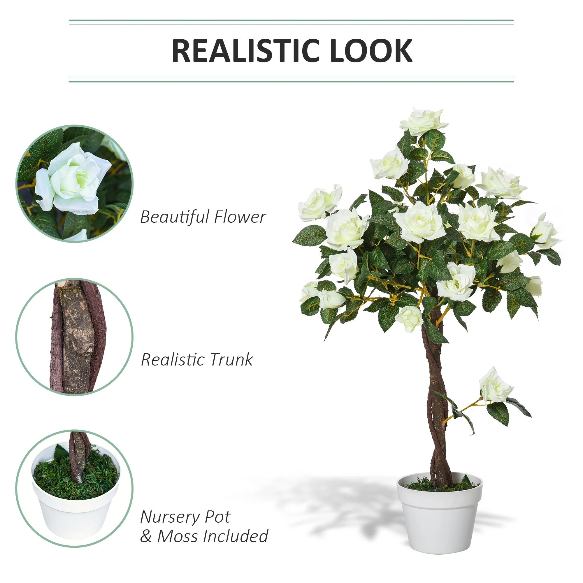 Outsunny 90cm/3Ft Artificial Rose Tree Fake Decorative Plant W/ 21 Flowers Pot Indoor Outdoor Faux Decoration Home Office Dcor White & Green - Image 4