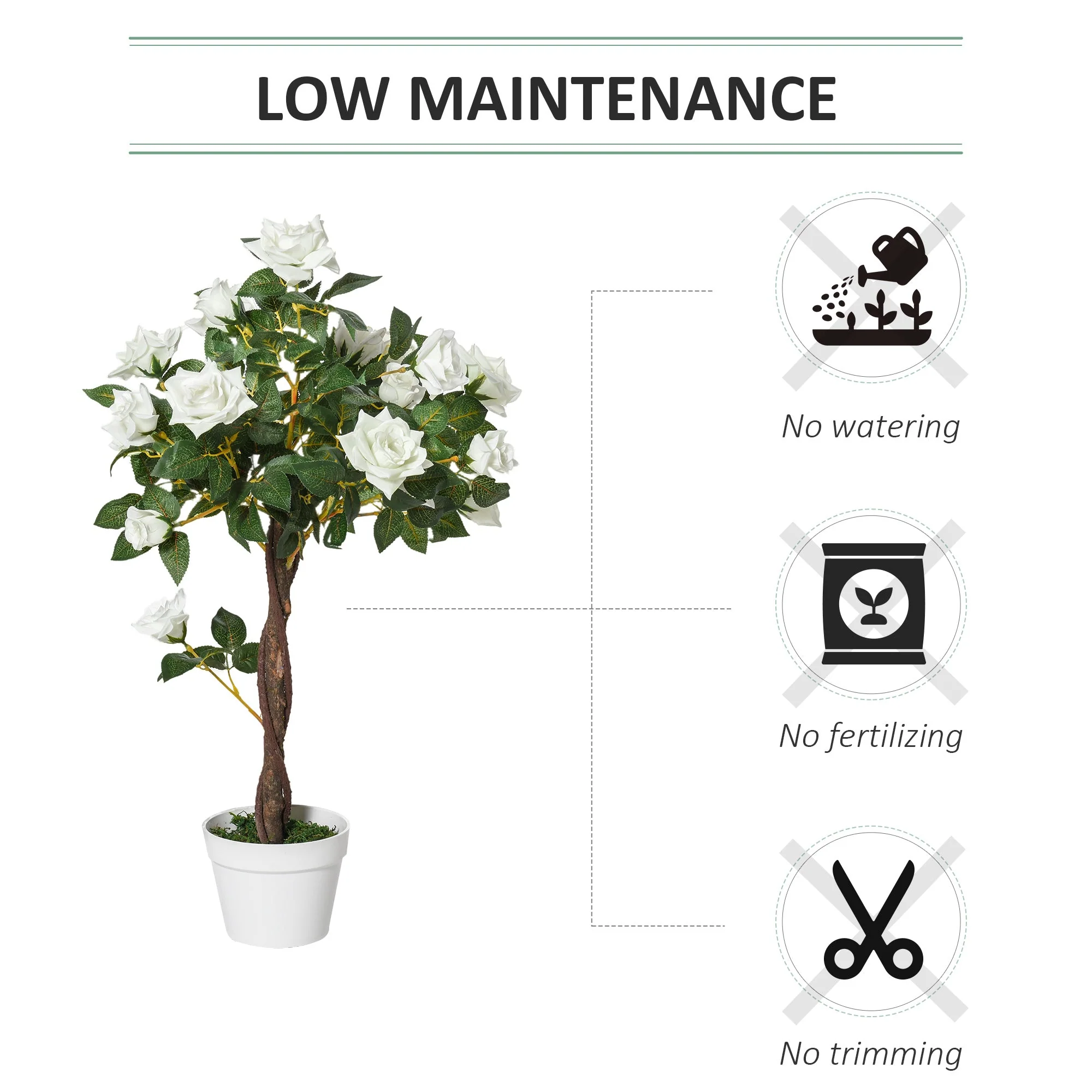 Outsunny 90cm/3Ft Artificial Rose Tree Fake Decorative Plant W/ 21 Flowers Pot Indoor Outdoor Faux Decoration Home Office Dcor White & Green - Image 5