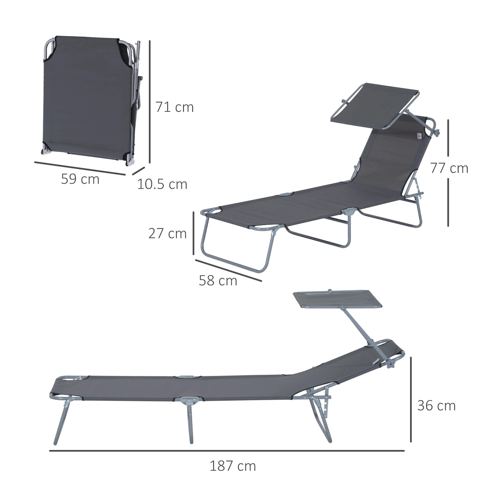 Outsunny Adjustable Lounger Seat with Sun Shade-Grey - Image 3