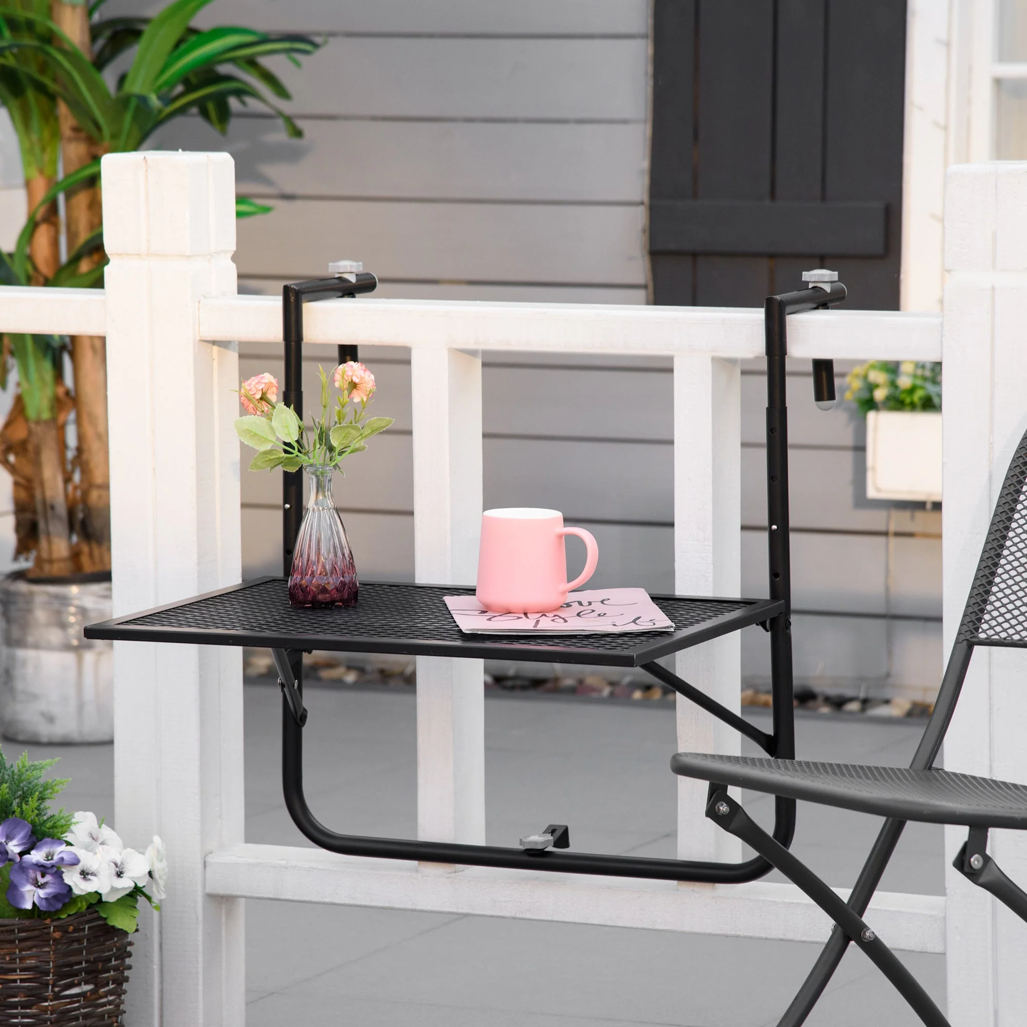 Balcony Hanging Table Metal Wall Mount Desk Adjustable Folding Balcony Deck Table For Patio And Garden Black - Image 2