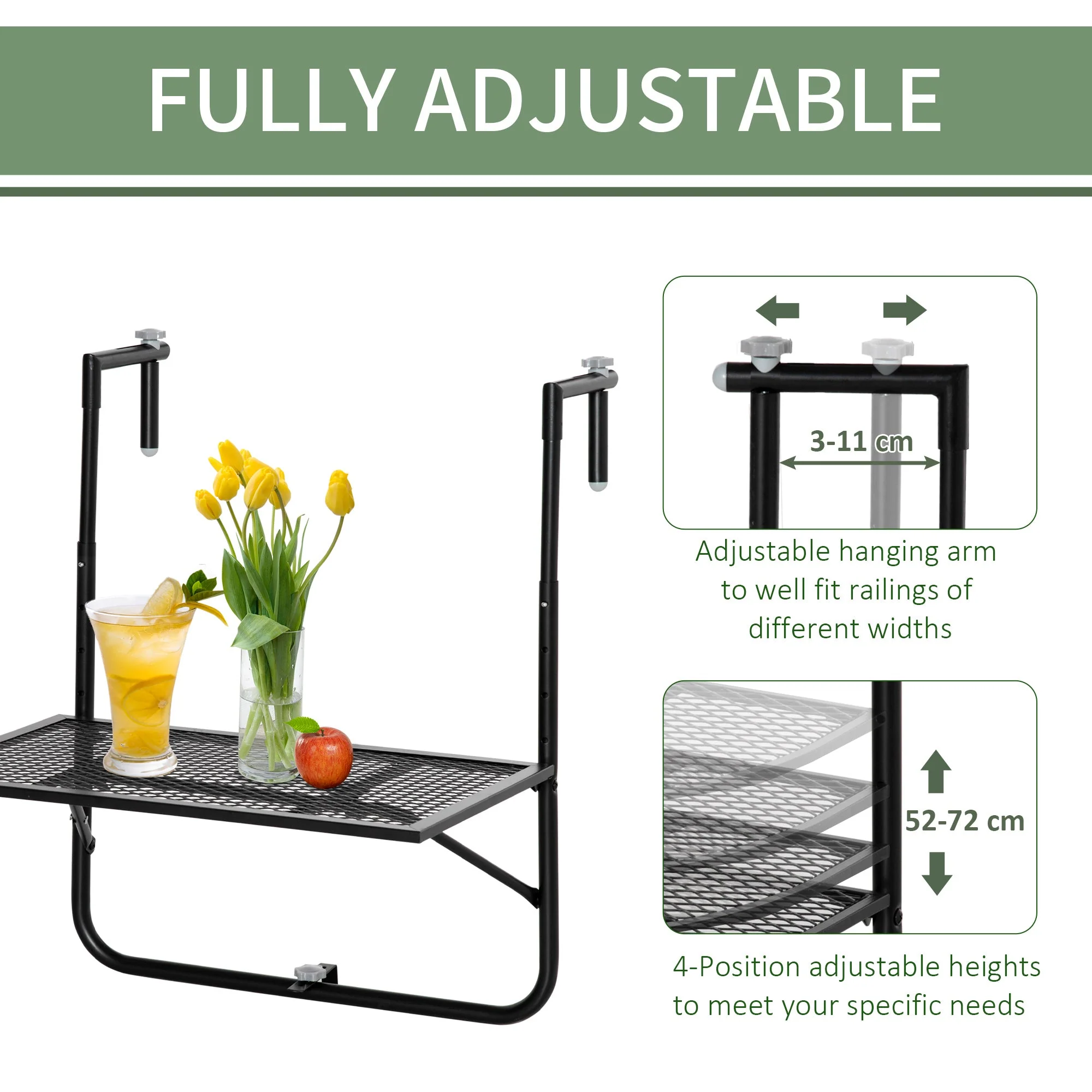 Balcony Hanging Table Metal Wall Mount Desk Adjustable Folding Balcony Deck Table For Patio And Garden Black - Image 4