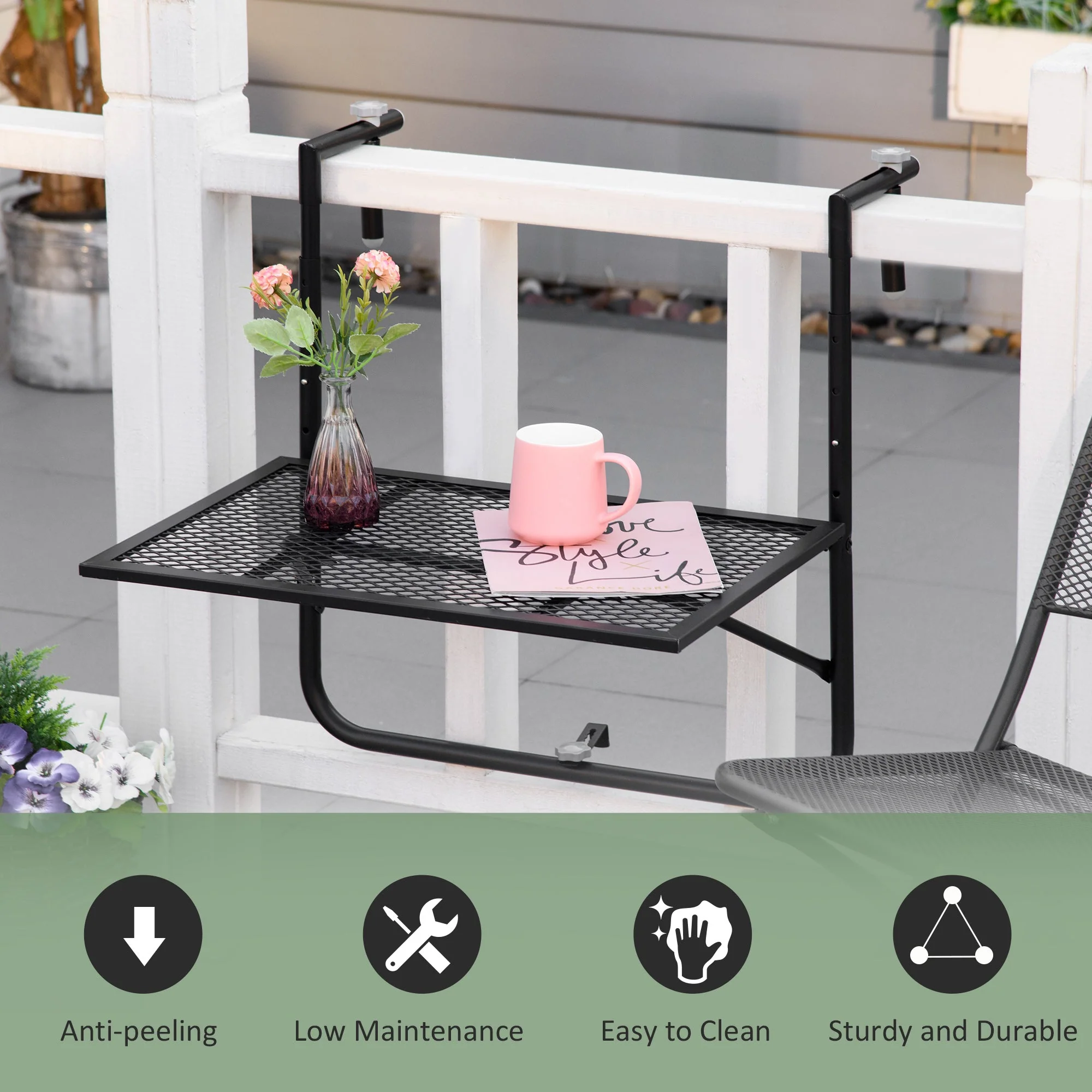 Balcony Hanging Table Metal Wall Mount Desk Adjustable Folding Balcony Deck Table For Patio And Garden Black - Image 7