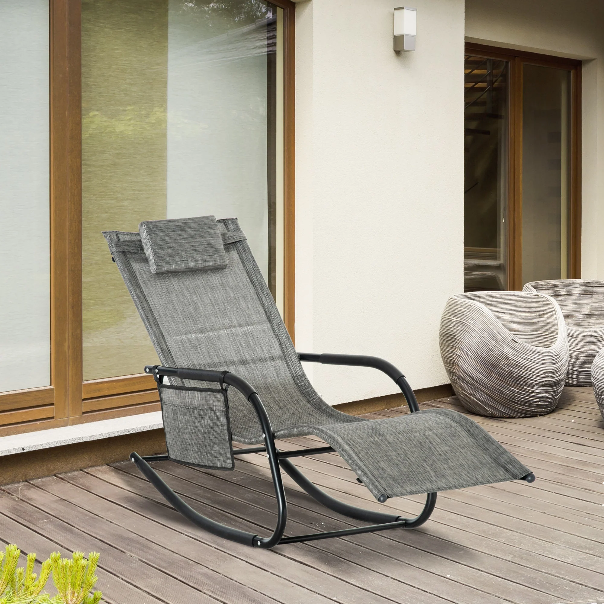 Outsunny Breathable Mesh Rocking Chair Patio Rocker Lounge For Indoor & Outdoor Recliner Seat W/ Removable Headrest For Garden And Patio Dark Grey - Image 2