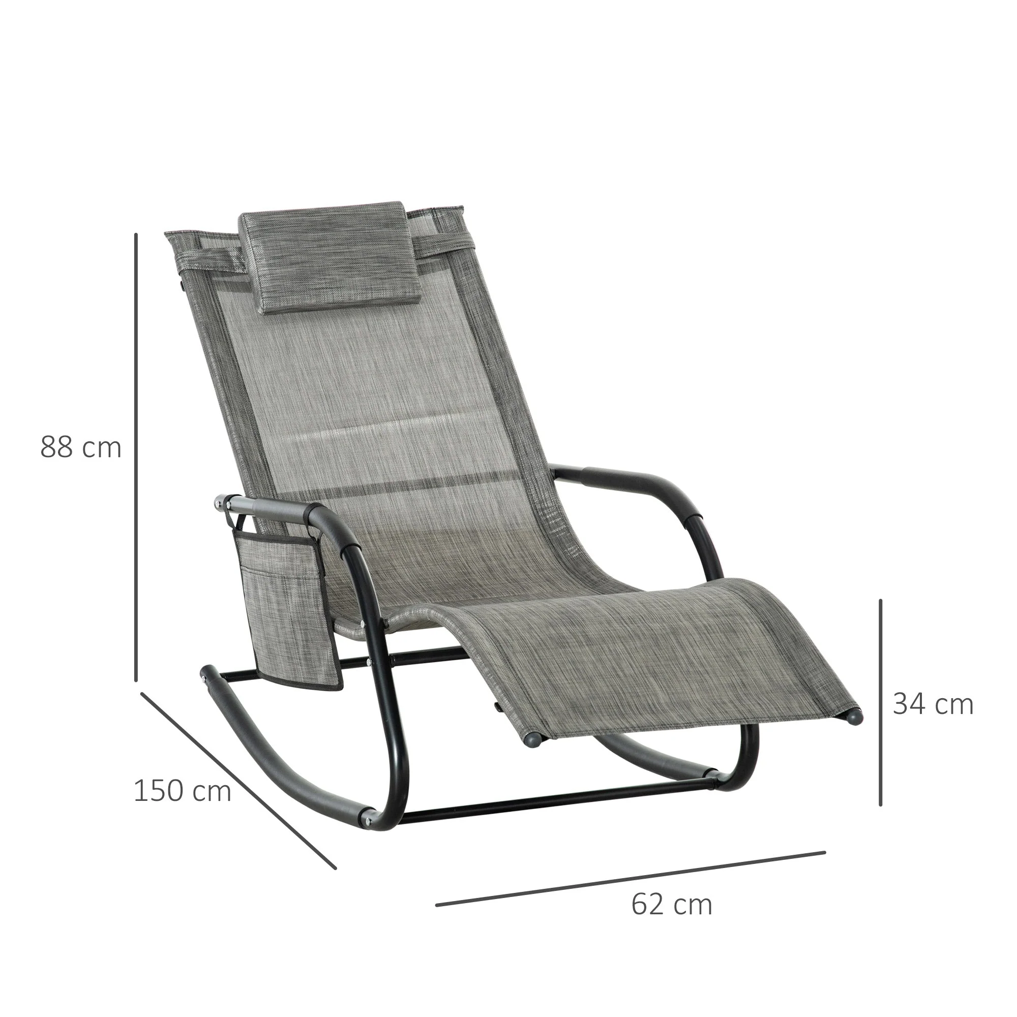 Outsunny Breathable Mesh Rocking Chair Patio Rocker Lounge For Indoor & Outdoor Recliner Seat W/ Removable Headrest For Garden And Patio Dark Grey - Image 3