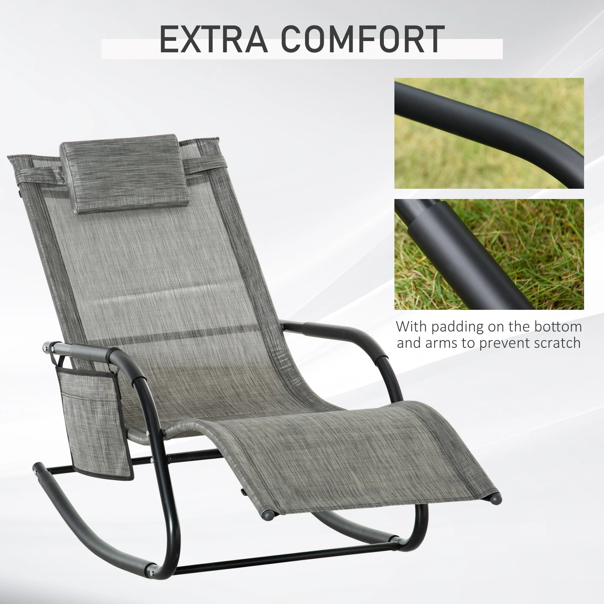 Outsunny Breathable Mesh Rocking Chair Patio Rocker Lounge For Indoor & Outdoor Recliner Seat W/ Removable Headrest For Garden And Patio Dark Grey - Image 4
