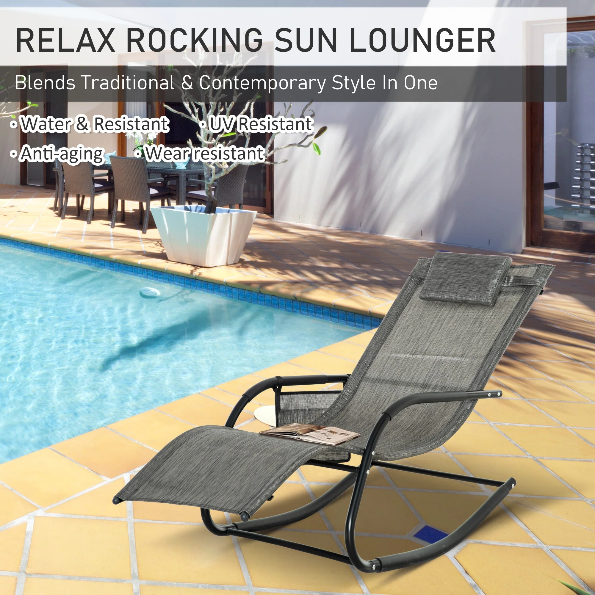 Outsunny Breathable Mesh Rocking Chair Patio Rocker Lounge For Indoor & Outdoor Recliner Seat W/ Removable Headrest For Garden And Patio Dark Grey - Image 6