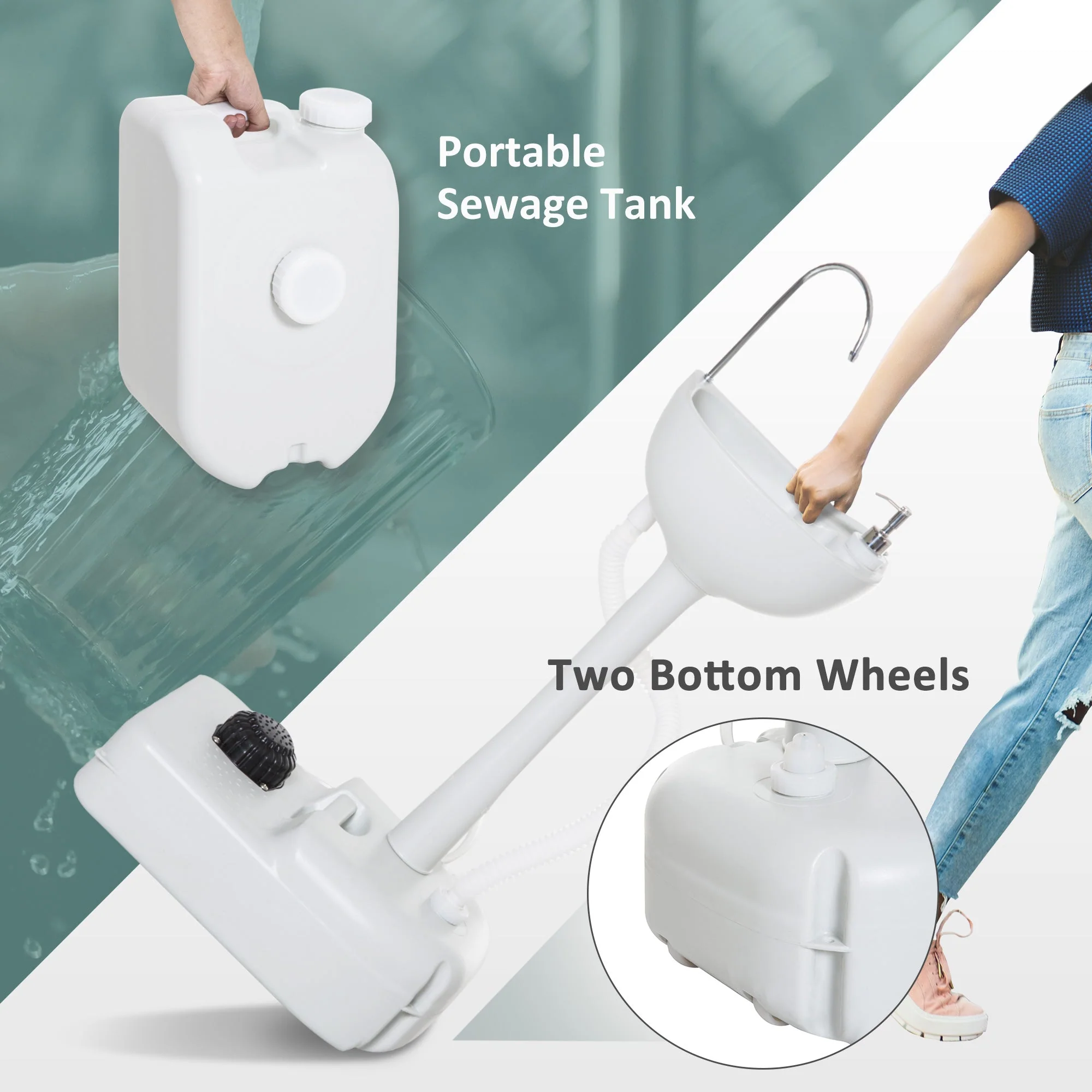 Outsunny Camping Portable Hand Wash Sink Basin W/ 17L Water Tank And 24L Drainage Equipment With Sanitizer Station Hdpe - Image 7