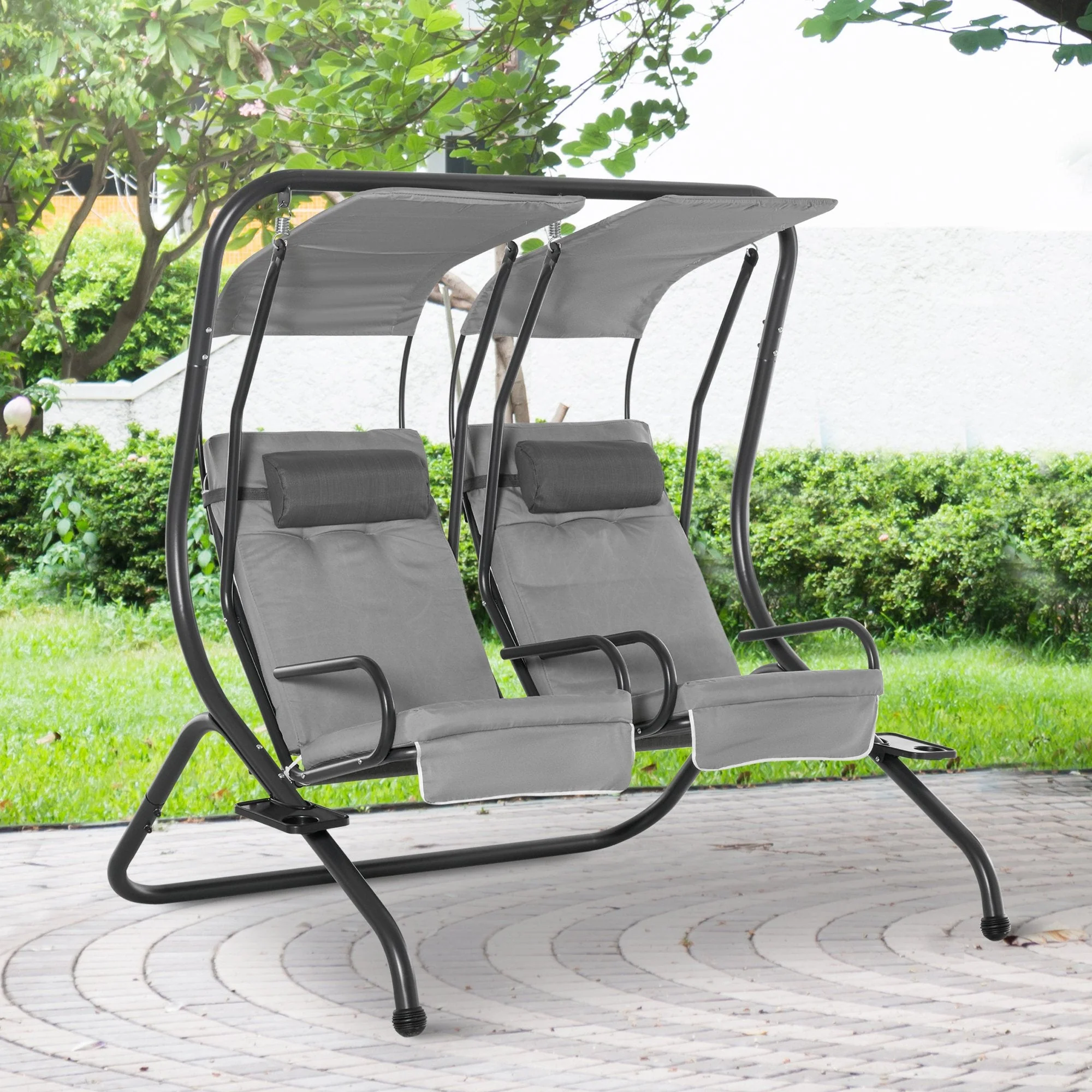 Outsunny Canopy Swing 2 Separate Relax Chairs With Handrails And Removable Canopy Grey - Image 2