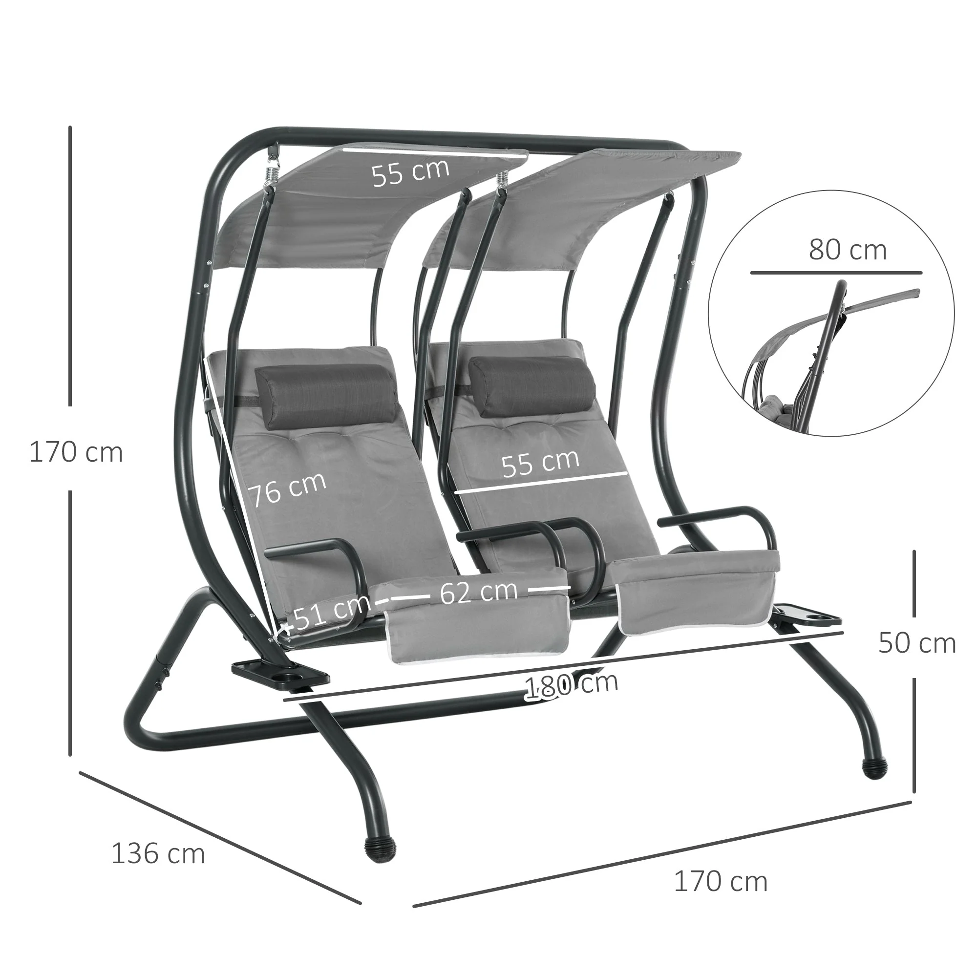 Outsunny Canopy Swing 2 Separate Relax Chairs With Handrails And Removable Canopy Grey - Image 3