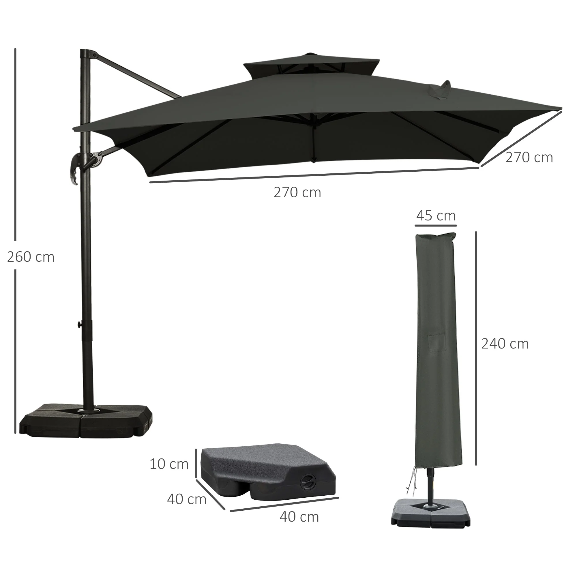 Outsunny Cantilever Parasol 360 Degree Rotation Angle Adjustment Outdoor Market Garden Umbrella - Dark Grey - Image 2