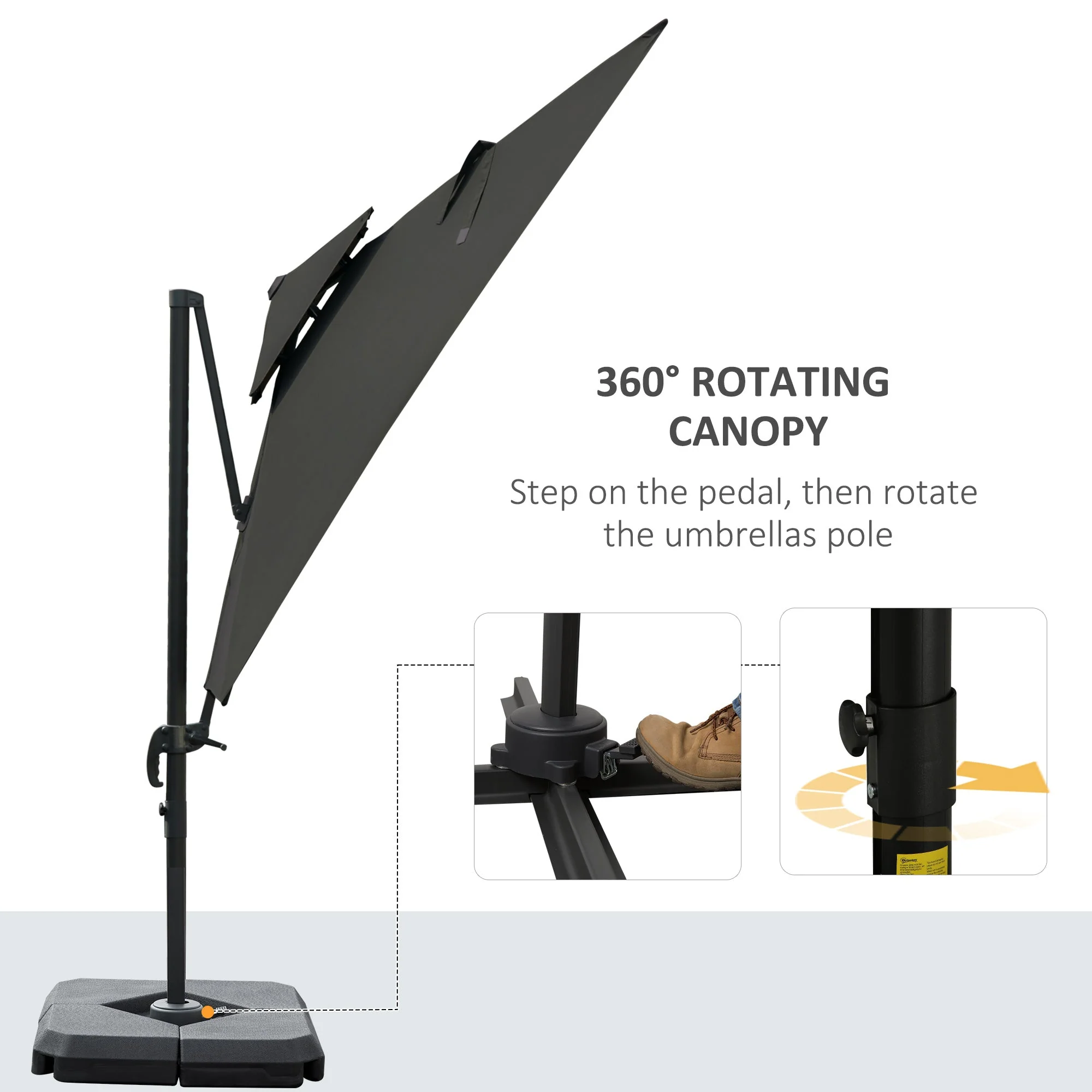 Outsunny Cantilever Parasol 360 Degree Rotation Angle Adjustment Outdoor Market Garden Umbrella - Dark Grey - Image 4