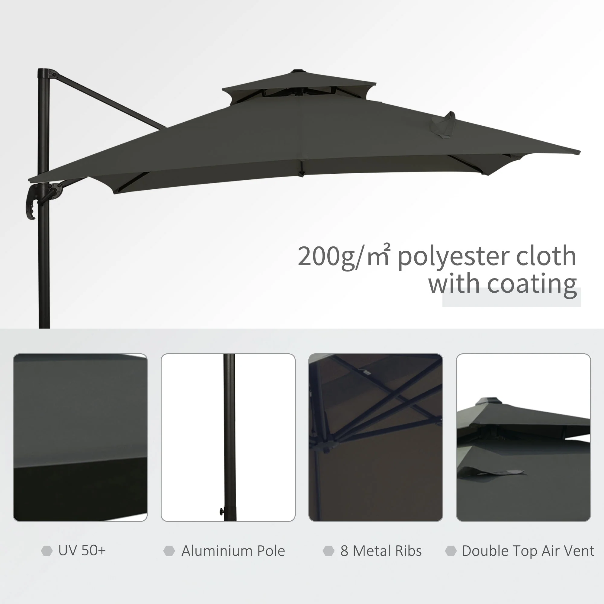 Outsunny Cantilever Parasol 360 Degree Rotation Angle Adjustment Outdoor Market Garden Umbrella - Dark Grey - Image 5