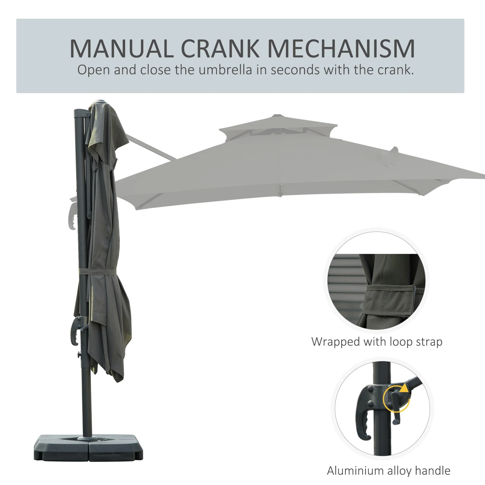 Outsunny Cantilever Parasol 360 Degree Rotation Angle Adjustment Outdoor Market Garden Umbrella - Dark Grey - Image 6