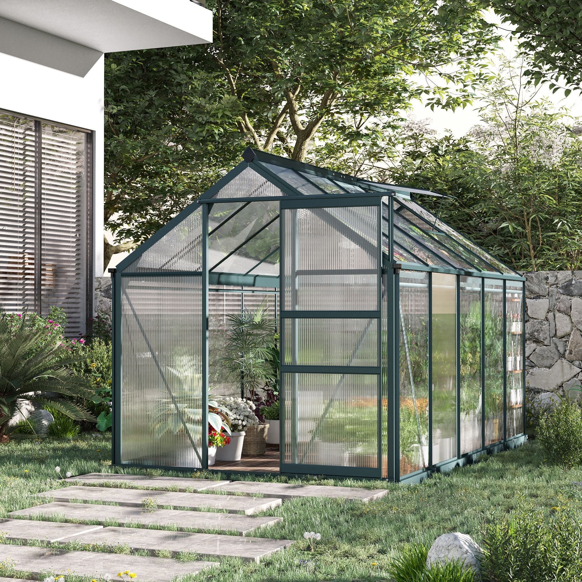 Outsunny Clear Polycarbonate Greenhouse Large Walk-In Green House Garden Plants Grow Galvanized Base Aluminium Frame W/ Slide Door (6 X 10Ft) - Image 2