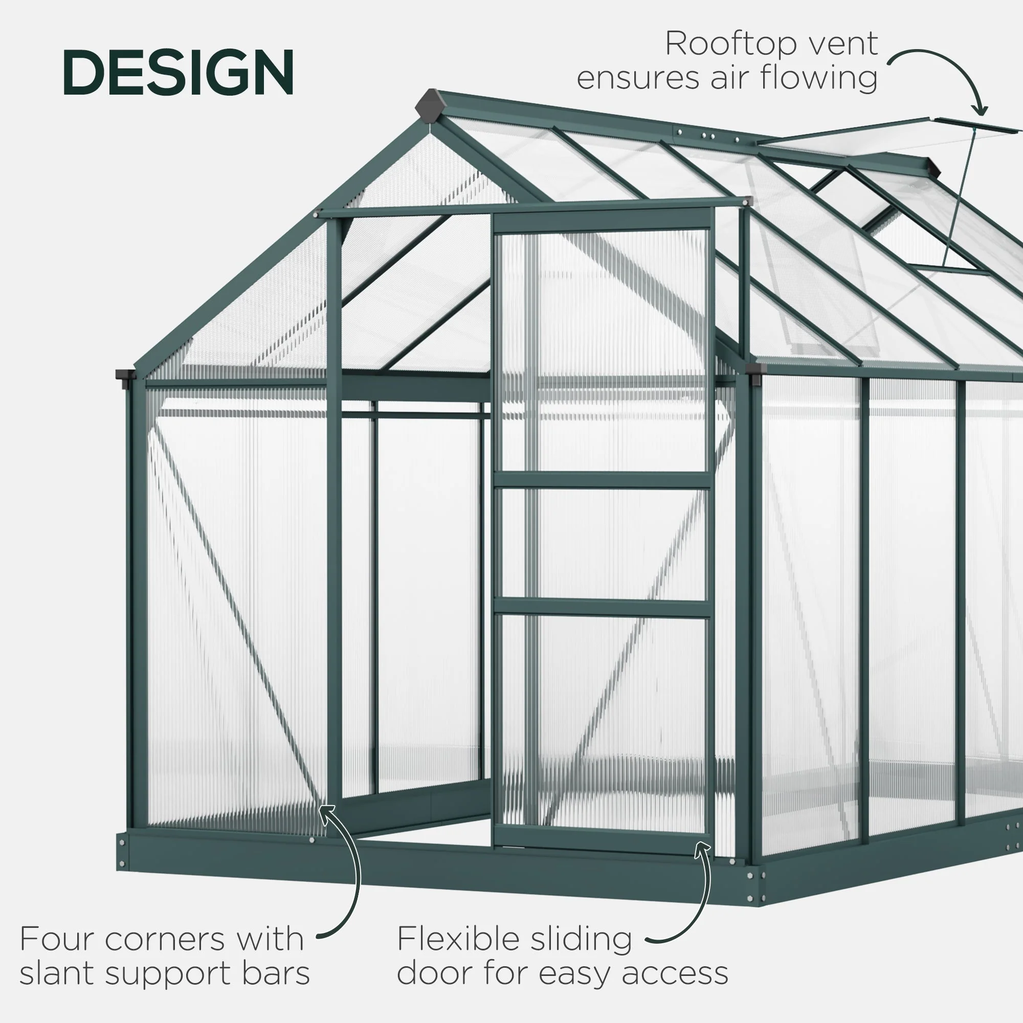 Outsunny Clear Polycarbonate Greenhouse Large Walk-In Green House Garden Plants Grow Galvanized Base Aluminium Frame W/ Slide Door (6 X 10Ft) - Image 4