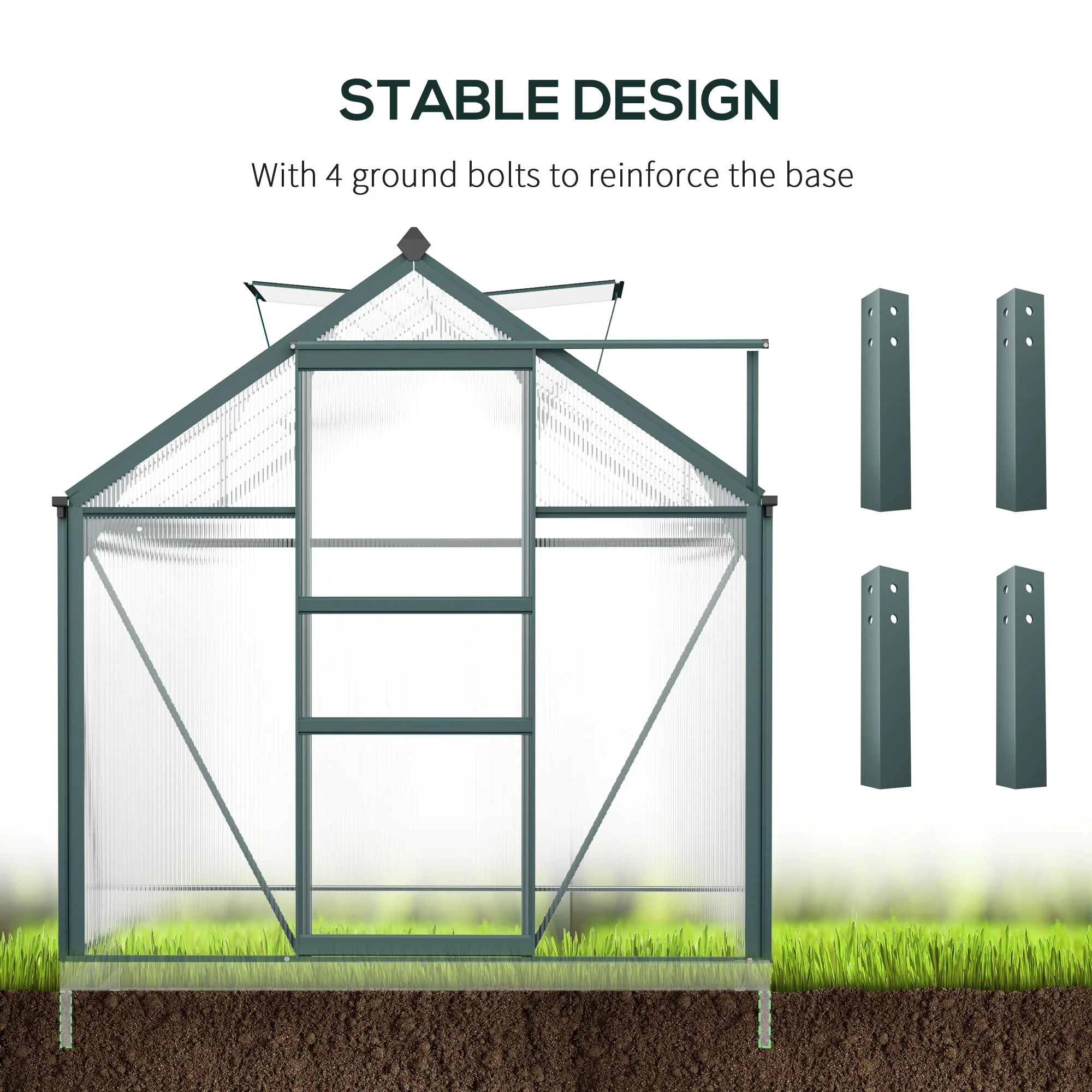 Outsunny Clear Polycarbonate Greenhouse Large Walk-In Green House Garden Plants Grow Galvanized Base Aluminium Frame W/ Slide Door (6 X 10Ft) - Image 6