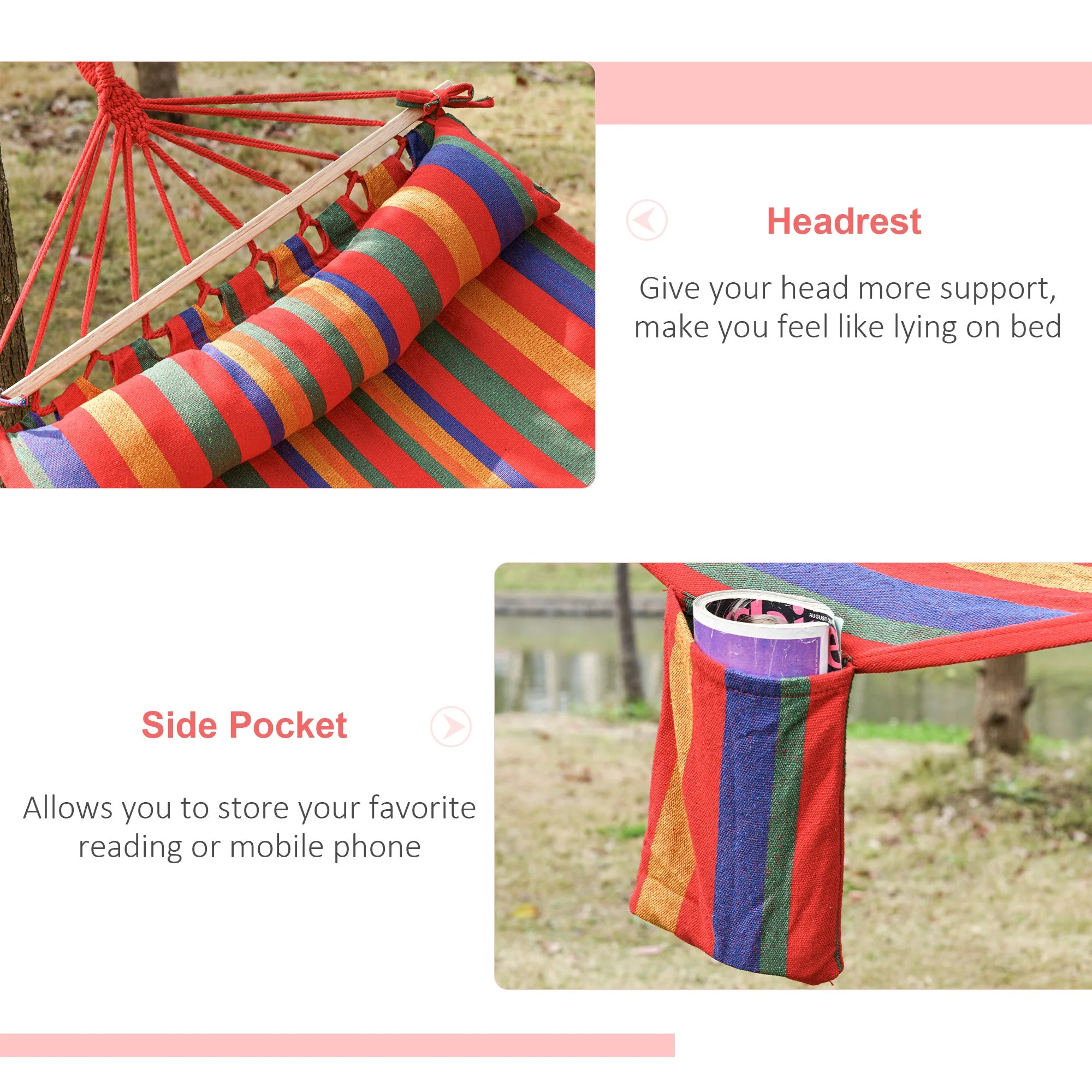 Outsunny Cotton Hammock Soft Portable Swing Sleeping w/ Headrest & Side Pocket Deluxe Swing Chair for Beach - Image 6