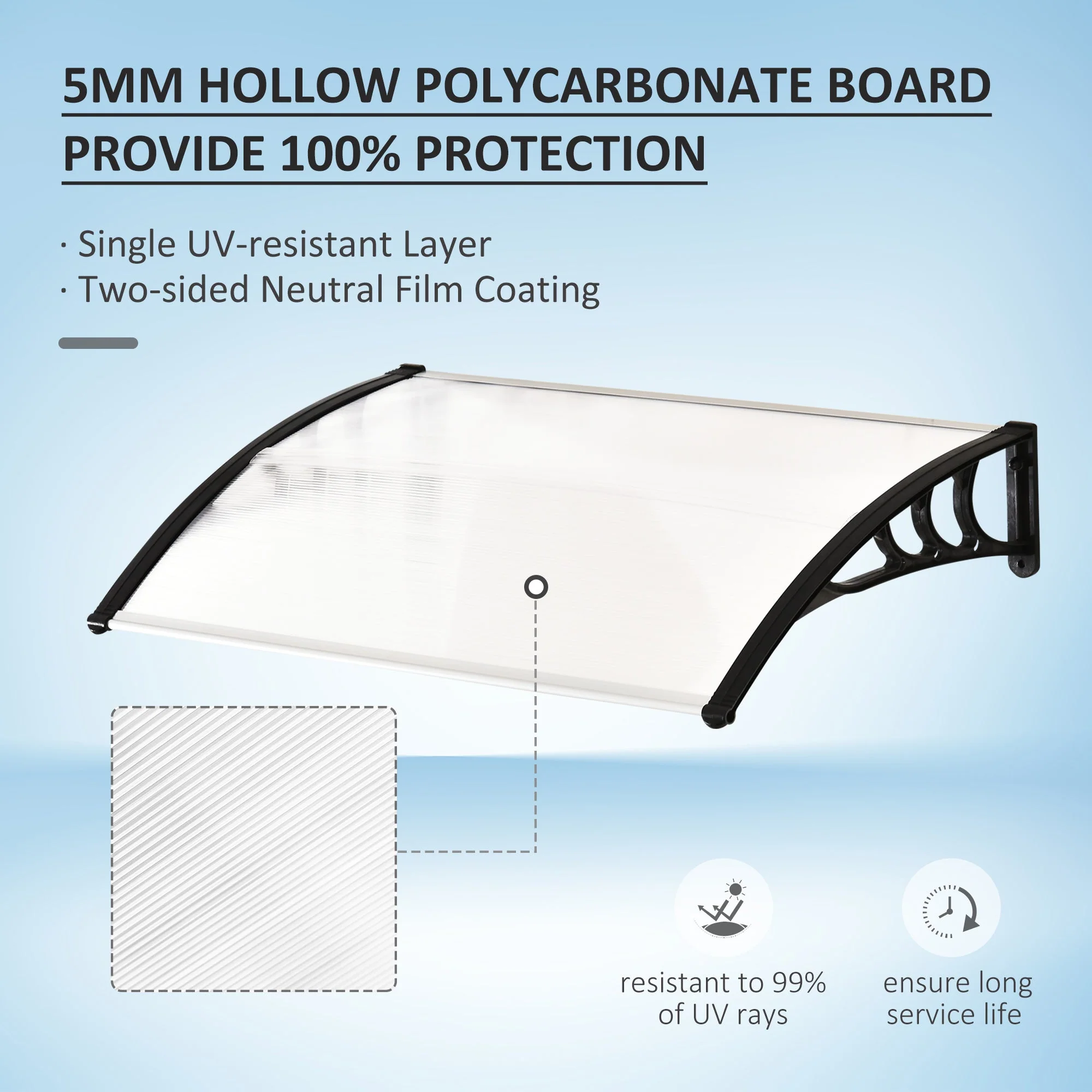 Outsunny Curved Window Door Canopy Aluminium Rigid Plastic Polycarbonate Fixed Outdoor Awning Modern Design Uv Water Rain Resist 120 X 75cm White - Image 4