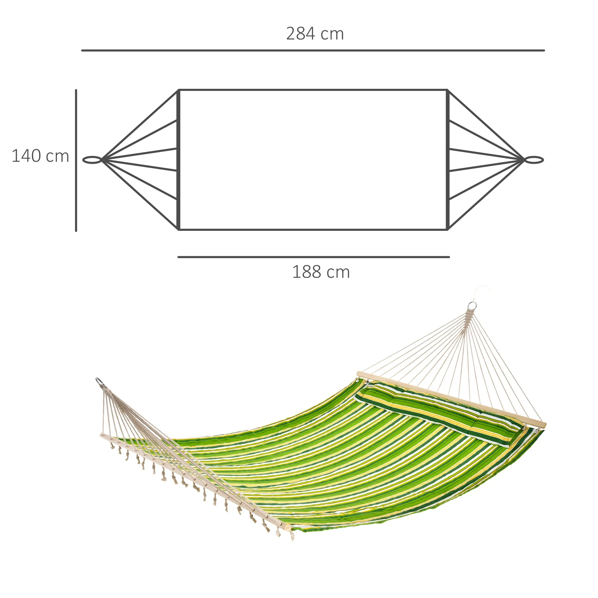 Outsunny Double Cotton Hammock Camping Swing Outdoor Garden Beach Stripe Hanging Bed With Pillow 188L X 140W (cm) Green - Image 3