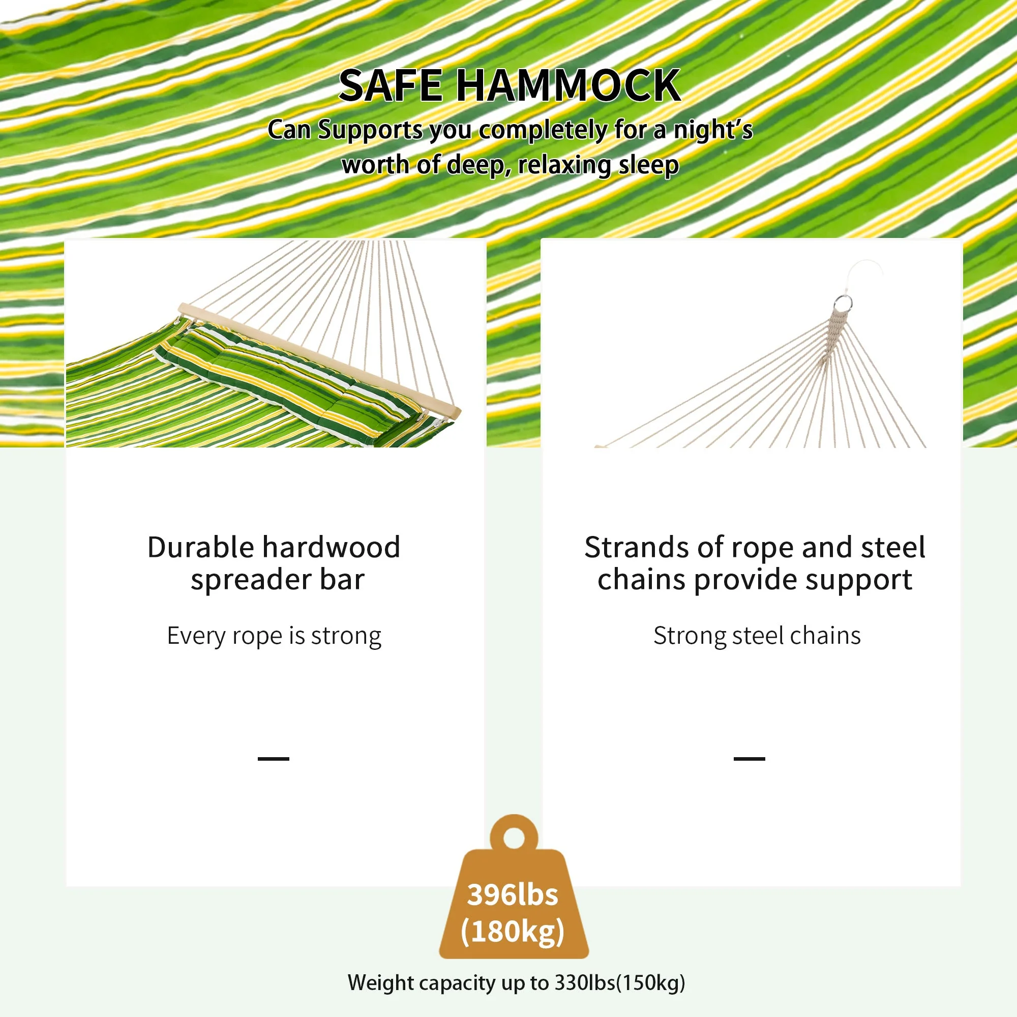 Outsunny Double Cotton Hammock Camping Swing Outdoor Garden Beach Stripe Hanging Bed With Pillow 188L X 140W (cm) Green - Image 4