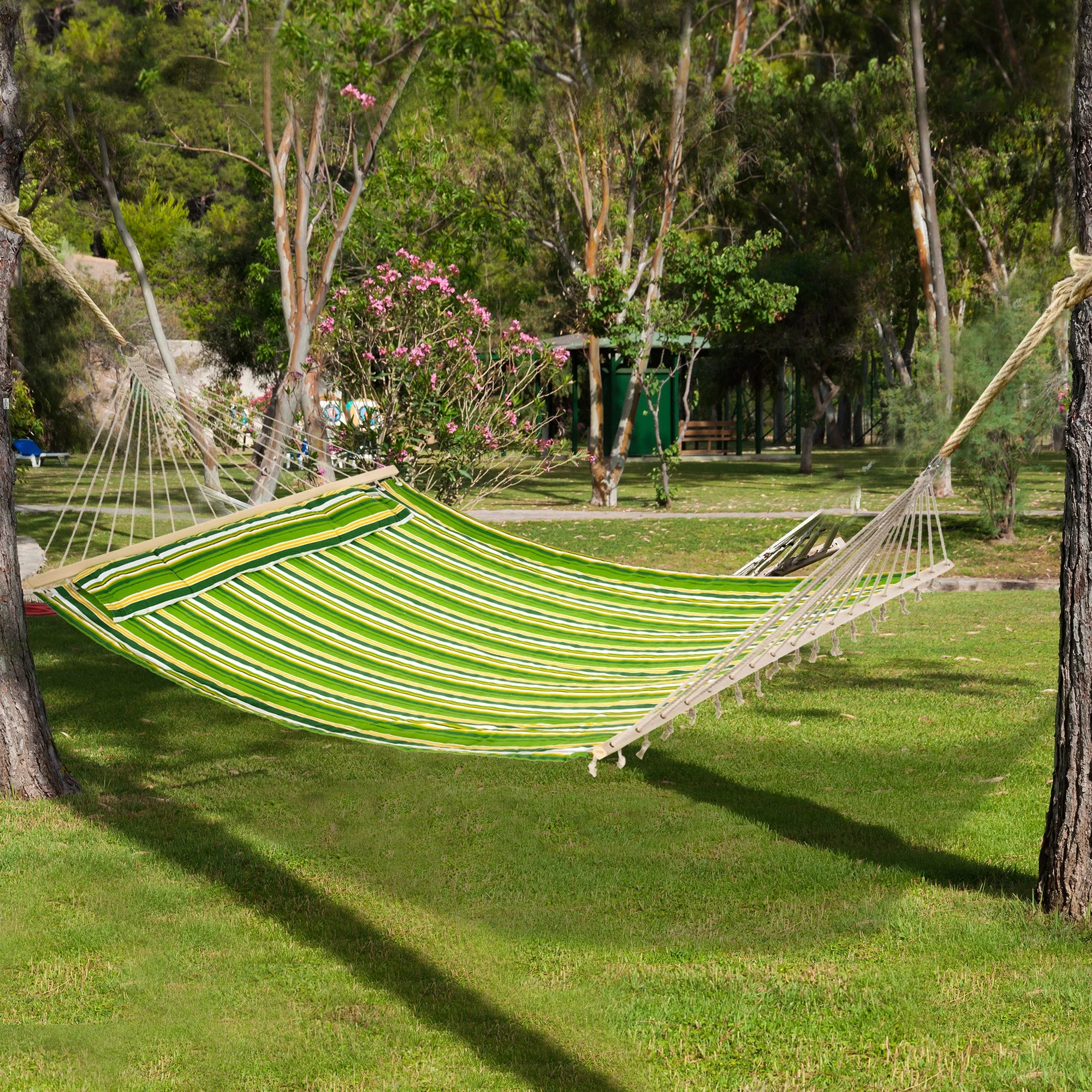 Outsunny Double Cotton Hammock Camping Swing Outdoor Garden Beach Stripe Hanging Bed With Pillow 188L X 140W (cm) Green - Image 7
