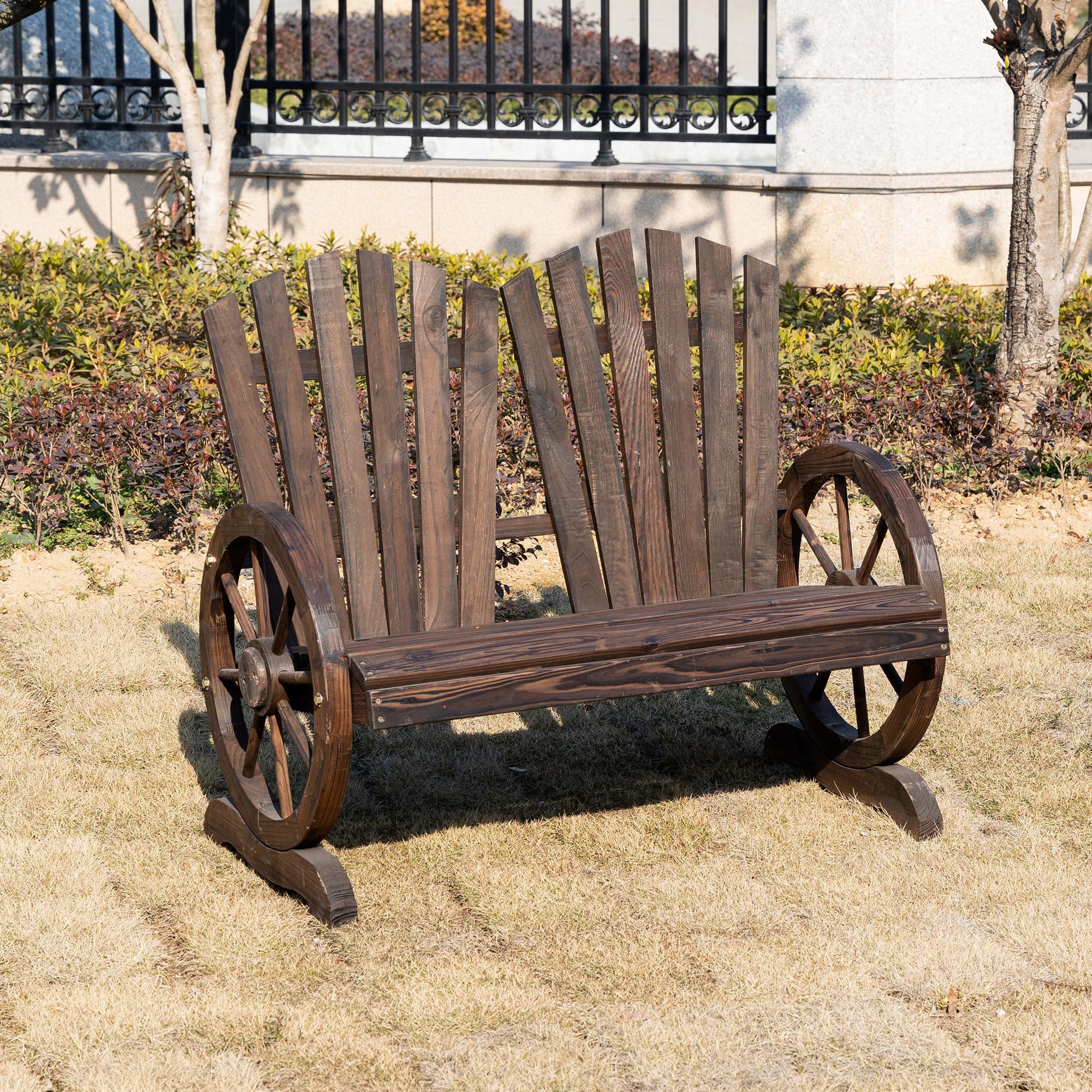 Outsunny Fir Logs Love Seats With Wheel-Shaped Armrests Large Load-Bearing Chair Natural Wood Grain - Image 2