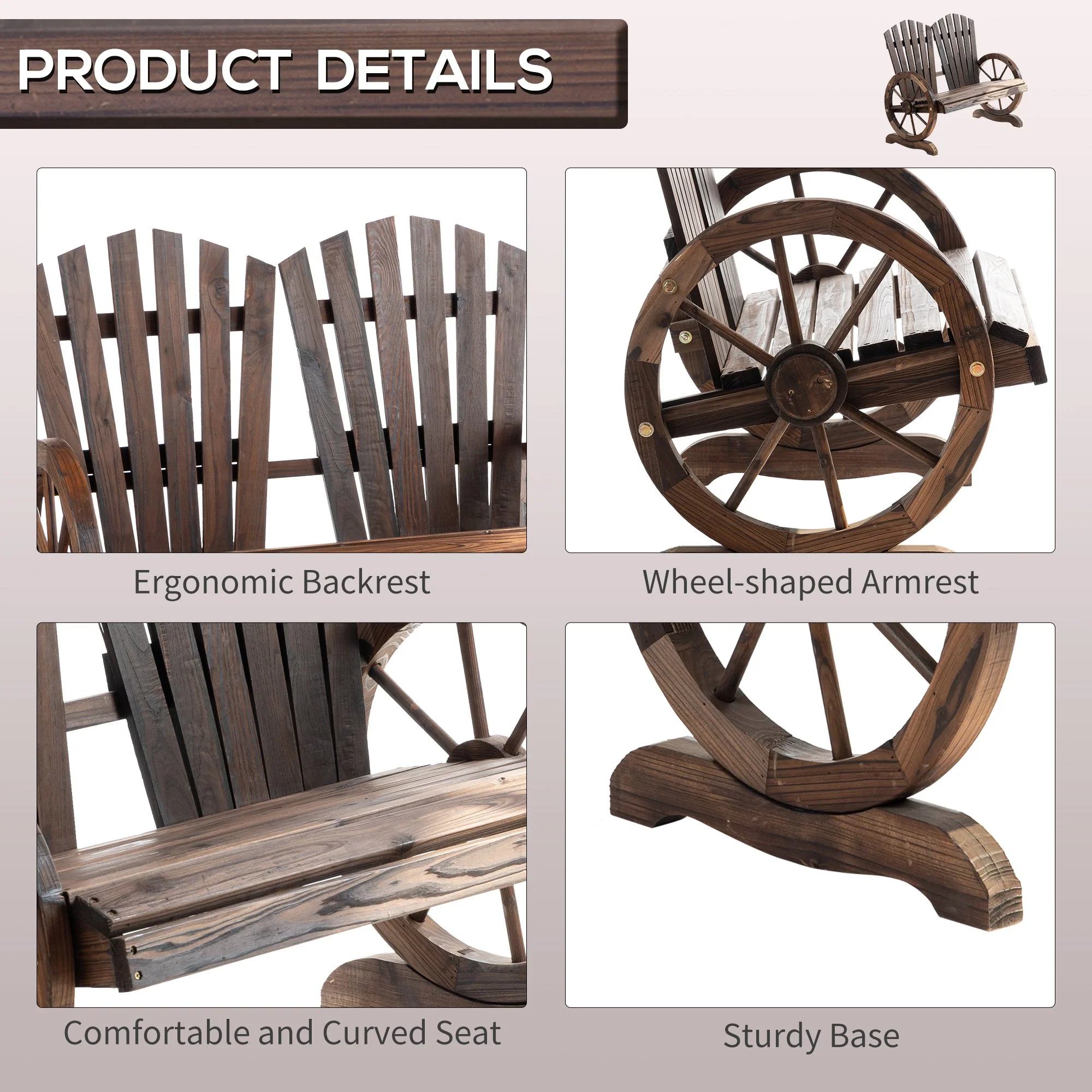 Outsunny Fir Logs Love Seats With Wheel-Shaped Armrests Large Load-Bearing Chair Natural Wood Grain - Image 4
