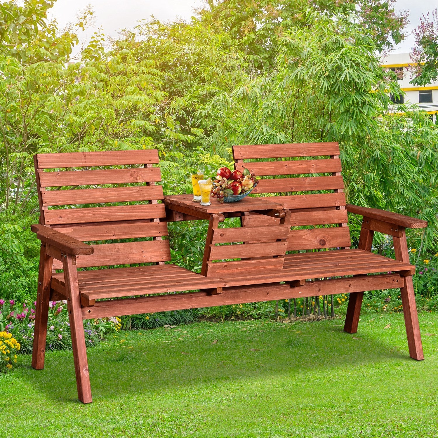 Outsunny Fir Wood Convertible 2 to 3 Seater Outdoor Garden Bench Wood Tone - Image 2