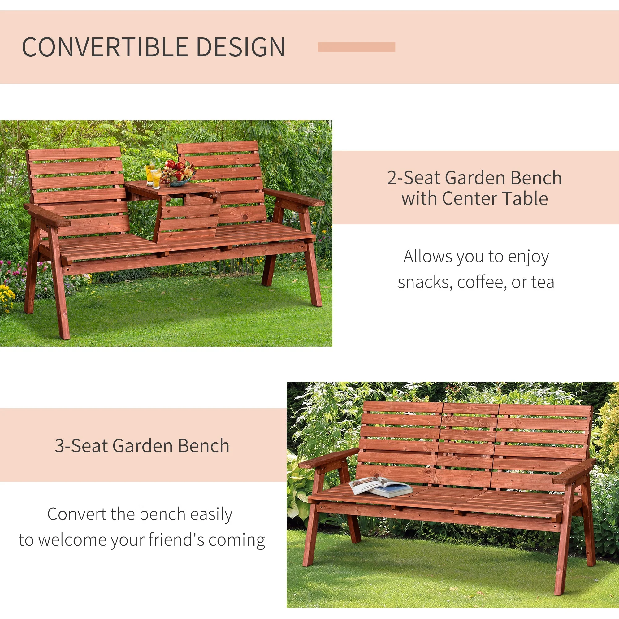 Outsunny Fir Wood Convertible 2 to 3 Seater Outdoor Garden Bench Wood Tone - Image 4