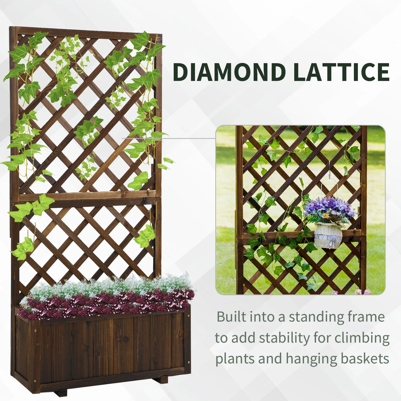 Outsunny Flower Planter Stand Trellis Shelf Garden Wood Steel Pergola Carbonised 72.5L X 31.5W X 149.5H - Image 4