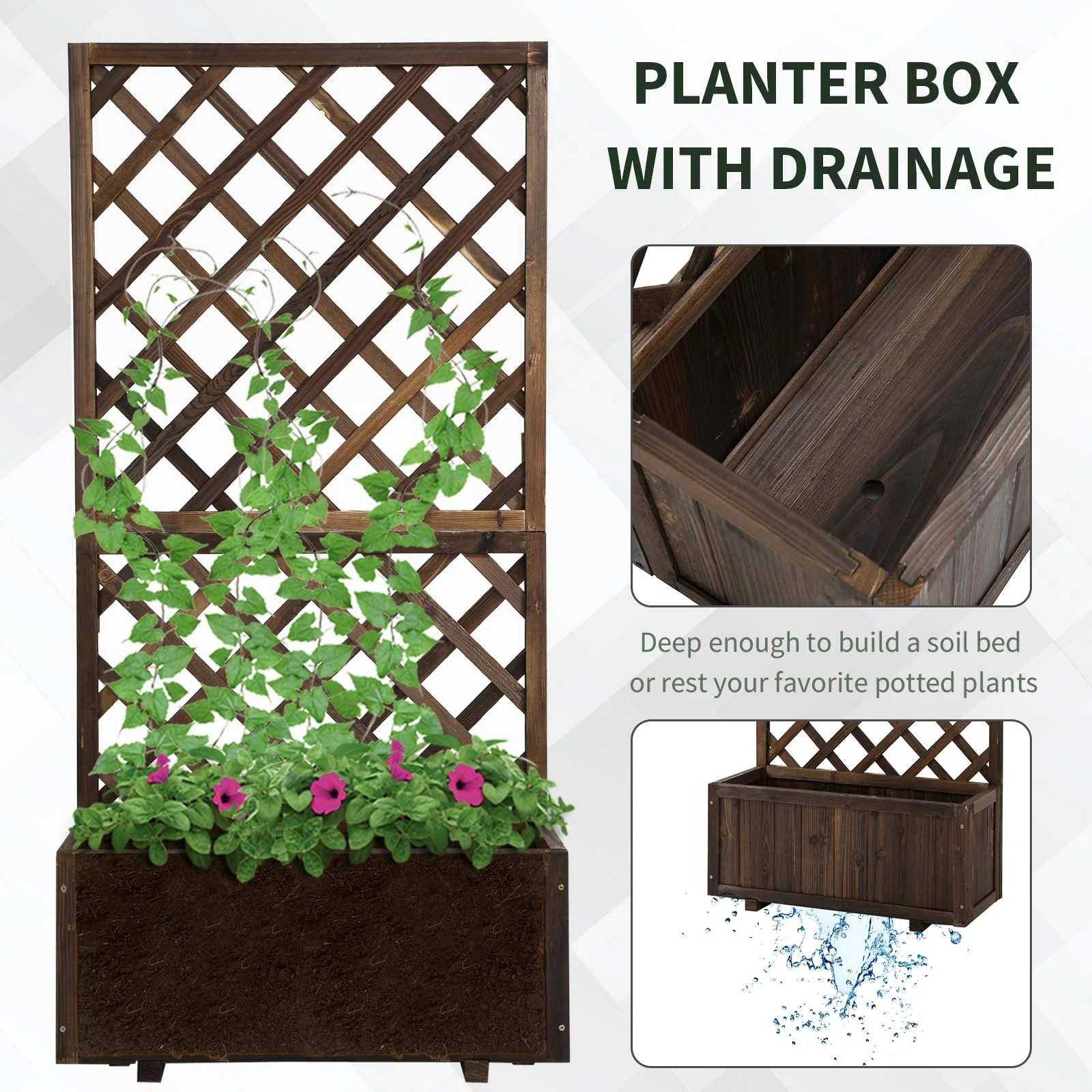 Outsunny Flower Planter Stand Trellis Shelf Garden Wood Steel Pergola Carbonised 72.5L X 31.5W X 149.5H - Image 5