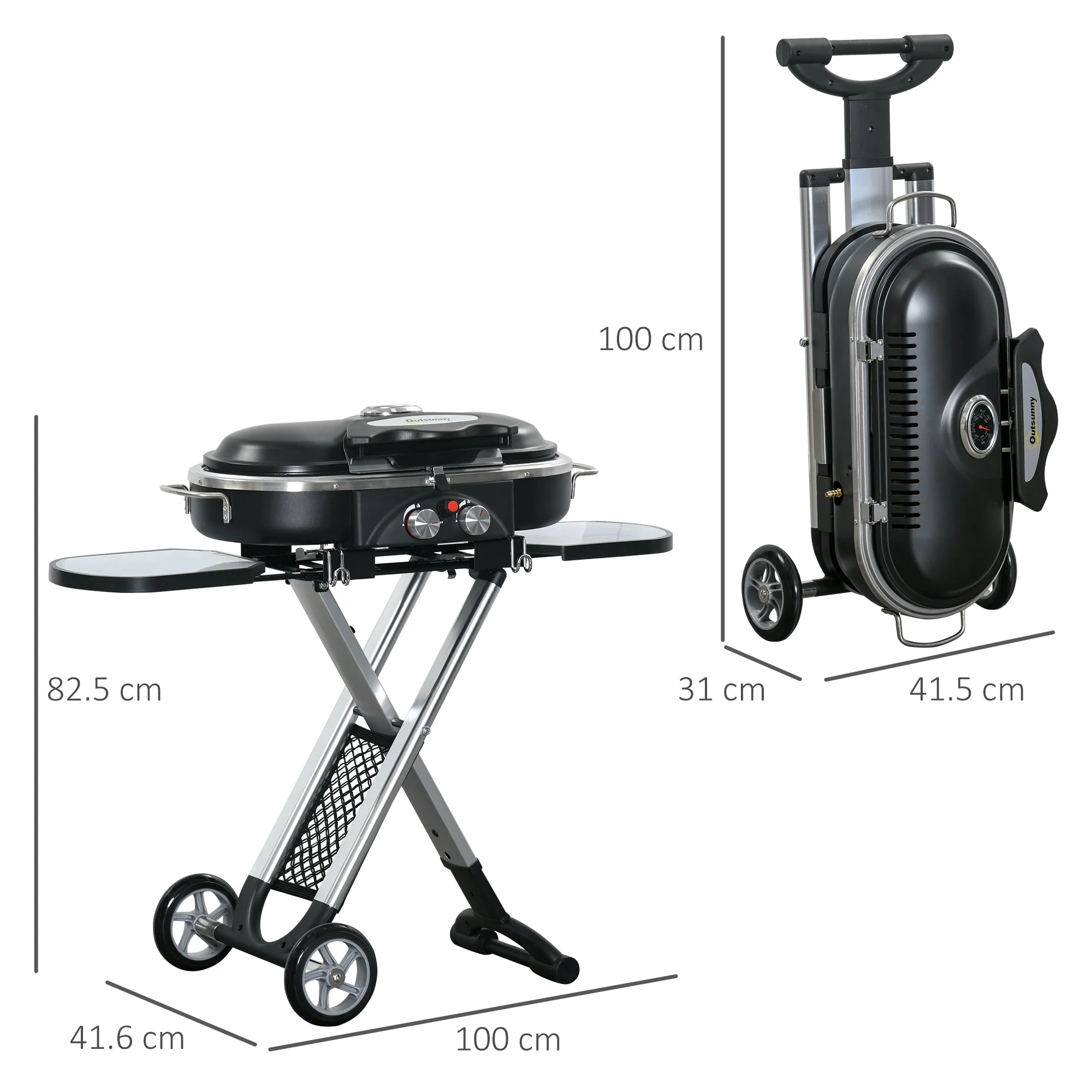 Outsunny Foldable Gas BBQ Grill 2 Burner Garden Barbecue Trolley w/ Lid Side Shelves Storage Pocket Piezo Ignition Thermometer - Image 2