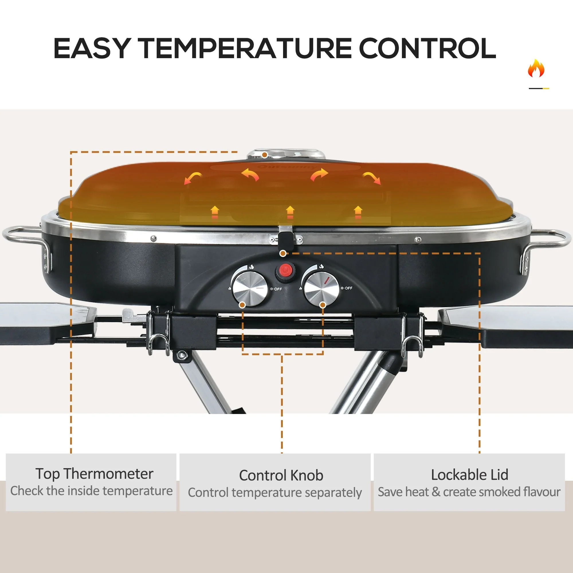 Outsunny Foldable Gas BBQ Grill 2 Burner Garden Barbecue Trolley w/ Lid Side Shelves Storage Pocket Piezo Ignition Thermometer - Image 3