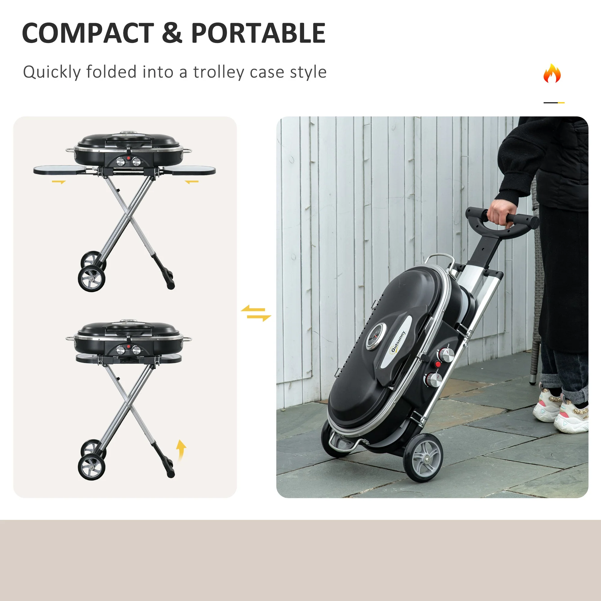 Outsunny Foldable Gas BBQ Grill 2 Burner Garden Barbecue Trolley w/ Lid Side Shelves Storage Pocket Piezo Ignition Thermometer - Image 4