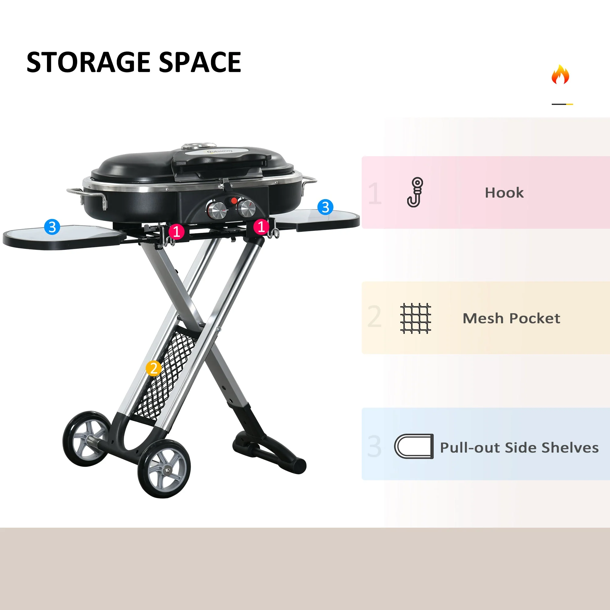 Outsunny Foldable Gas BBQ Grill 2 Burner Garden Barbecue Trolley w/ Lid Side Shelves Storage Pocket Piezo Ignition Thermometer - Image 5