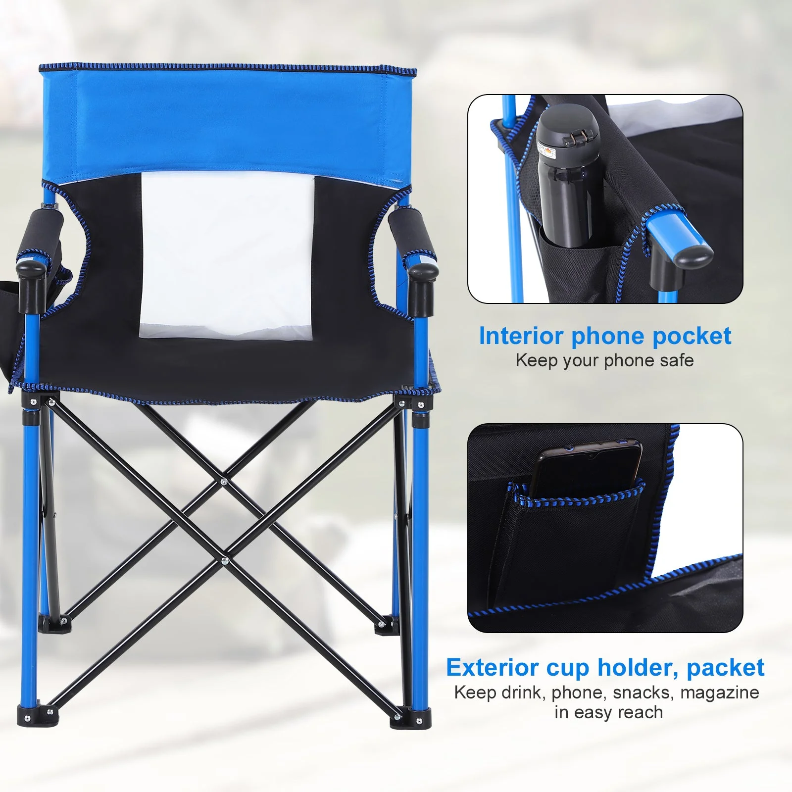 Outsunny Folding Fishing Camping Chair Portable Picnic Armchair Director Seat Oxford Metal Frame With Cup Holder - Image 5